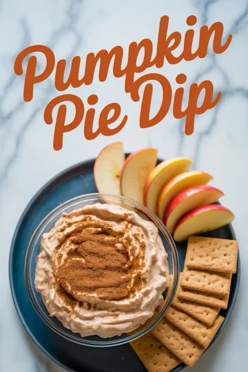Overhead view of pumpkin pie dip garnished with cinnamon in a glass bowl, served with fresh apple slices and stacked graham crackers on a blue plate, with “Pumpkin Pie Dip” text in bold at top.
