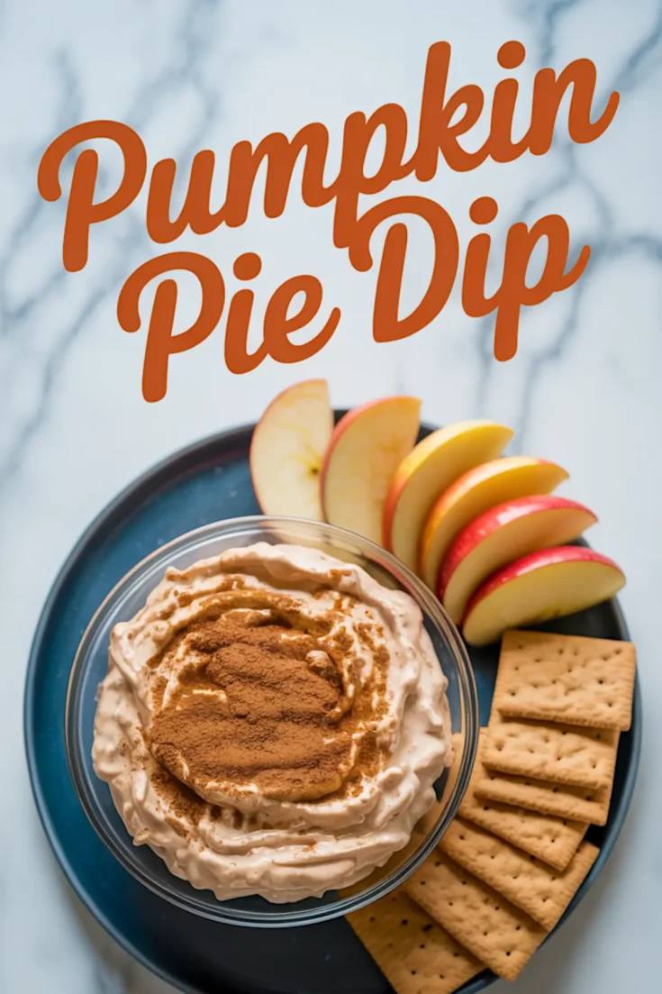 Overhead view of pumpkin pie dip garnished with cinnamon in a glass bowl, served with fresh apple slices and stacked graham crackers on a blue plate, with “Pumpkin Pie Dip” text in bold at top.