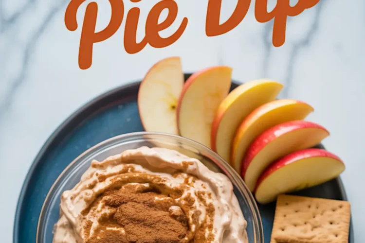 Overhead view of pumpkin pie dip garnished with cinnamon in a glass bowl, served with fresh apple slices and stacked graham crackers on a blue plate, with “Pumpkin Pie Dip” text in bold at top.