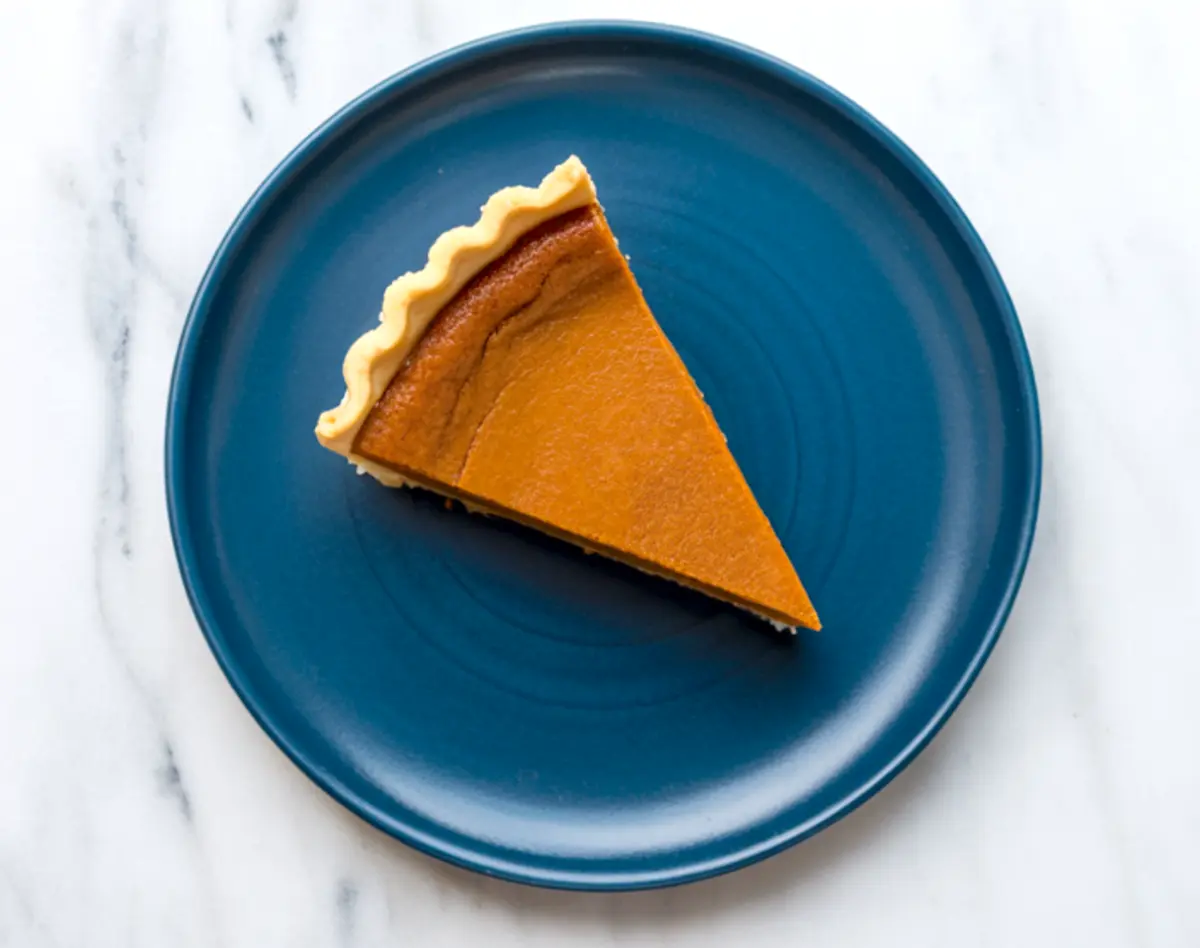 Slice of pumpkin pie on a dark blue plate, showing the smooth filling and golden flaky crust from a top-down angle.