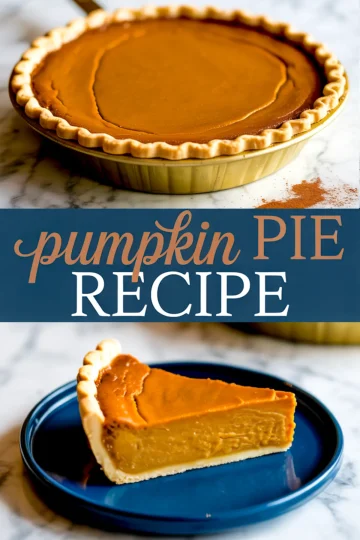 Vertical collage featuring a whole baked pumpkin pie in a golden dish and a thick slice on a blue plate, with overlay text “Pumpkin Pie Recipe.”