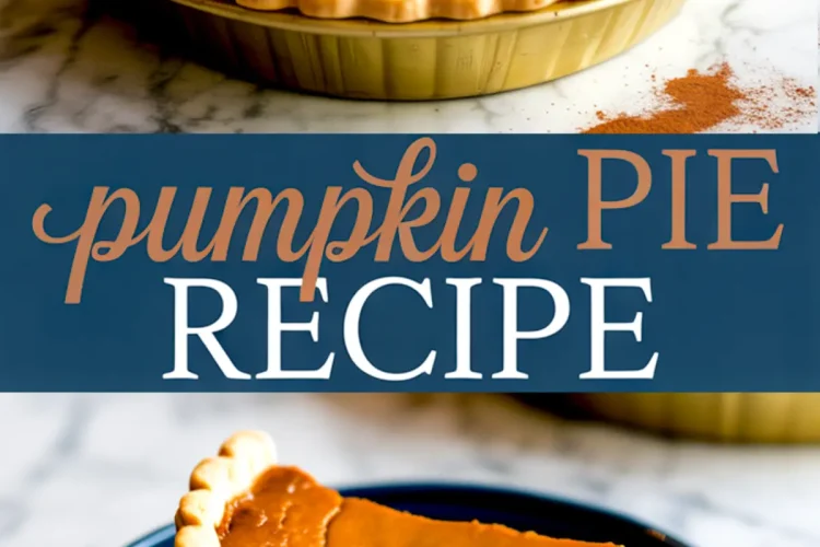 Vertical collage featuring a whole baked pumpkin pie in a golden dish and a thick slice on a blue plate, with overlay text “Pumpkin Pie Recipe.”