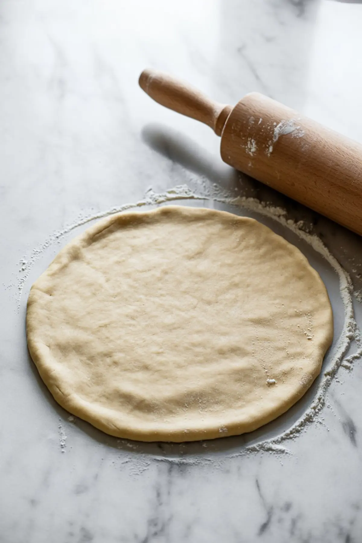 Rolled-out pie dough in a circular shape on a floured marble surface with a wooden rolling pin beside it.