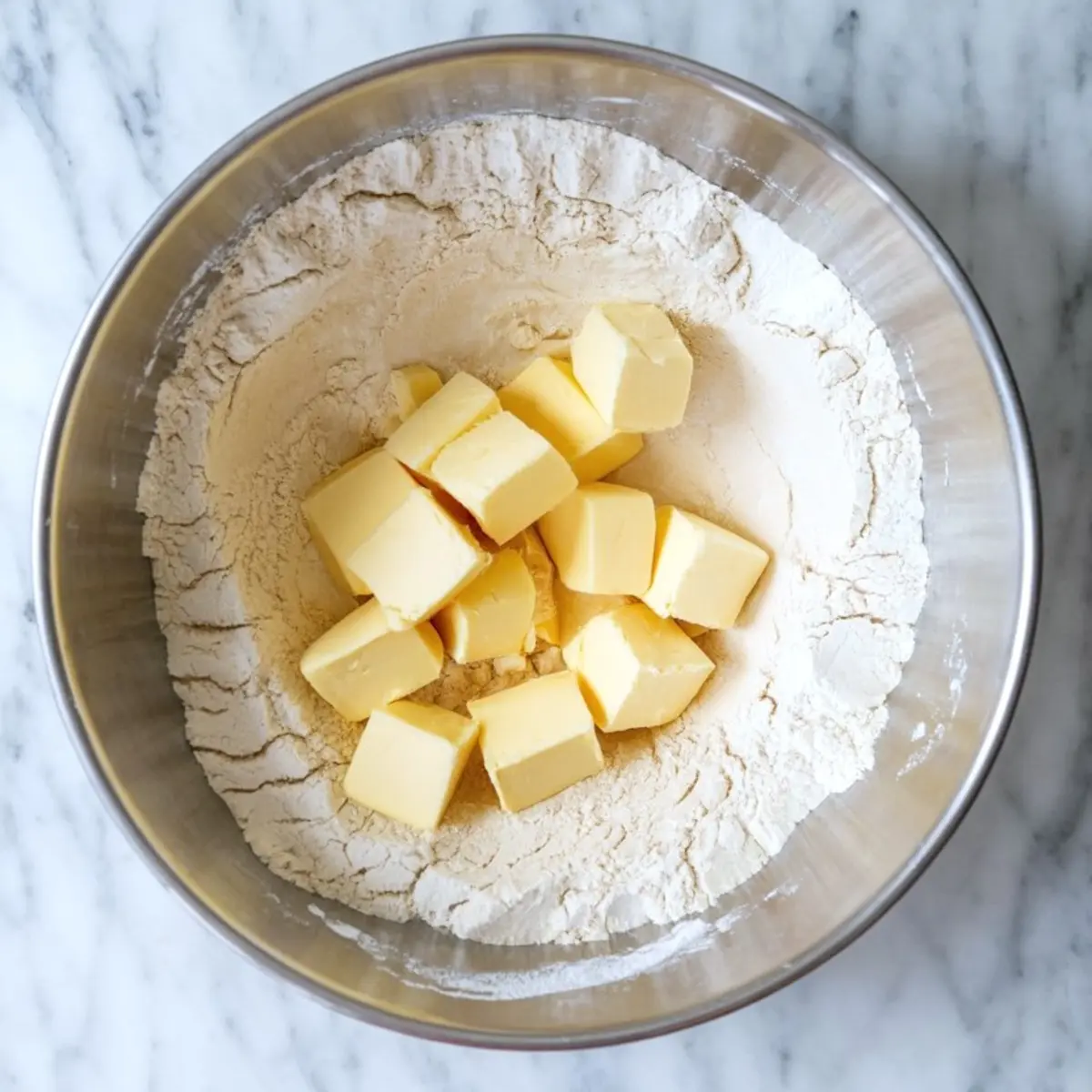 Cubes of cold butter placed on top of a mound of flour inside a mixing bowl, ideal for making flaky pie crust.