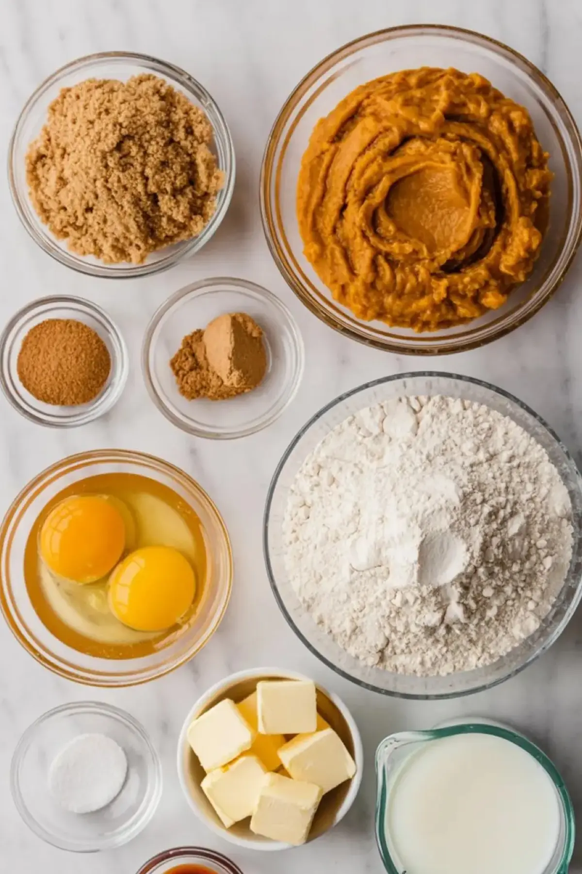 Flat lay of pumpkin pie ingredients including brown sugar, pumpkin purée, eggs, flour, spices, butter, vanilla, and milk on a white marble background.