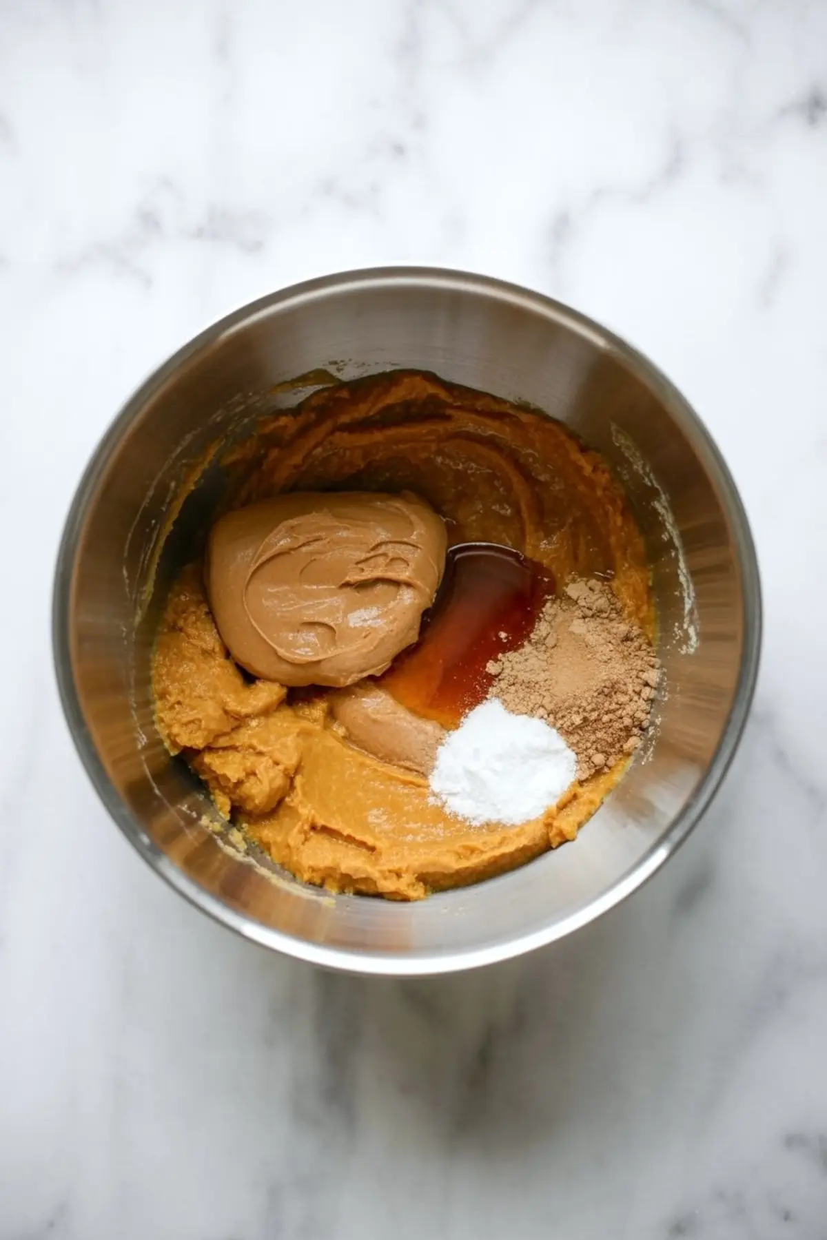 Mixing bowl filled with pumpkin puree, peanut butter, maple syrup, cinnamon, baking powder, and vanilla extract on a white marble background, showcasing the preparation stage of pumpkin protein balls.