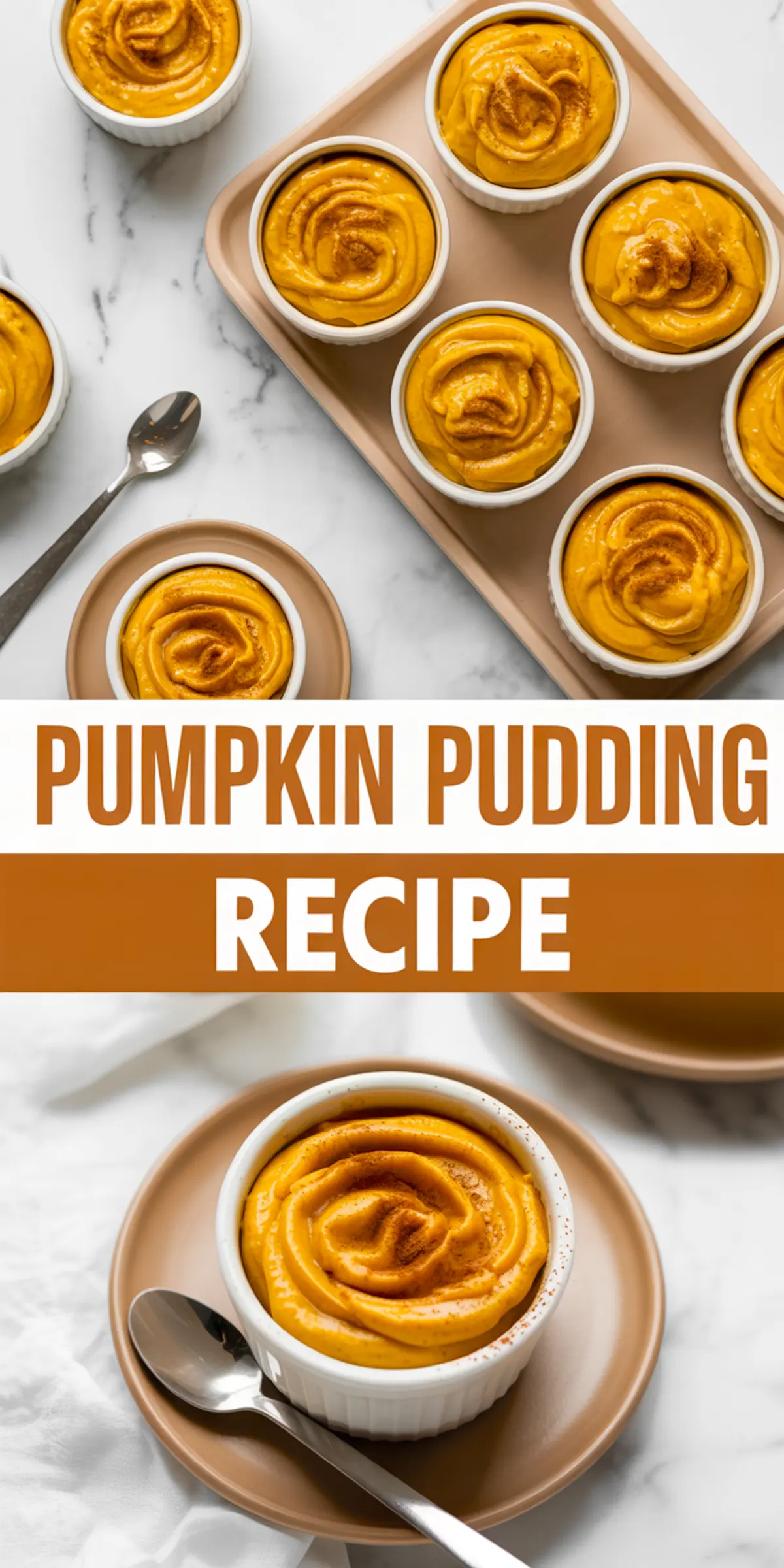 Baked pumpkin pudding in white ramekins topped with cinnamon, served on a beige tray with spoons on a marble surface.