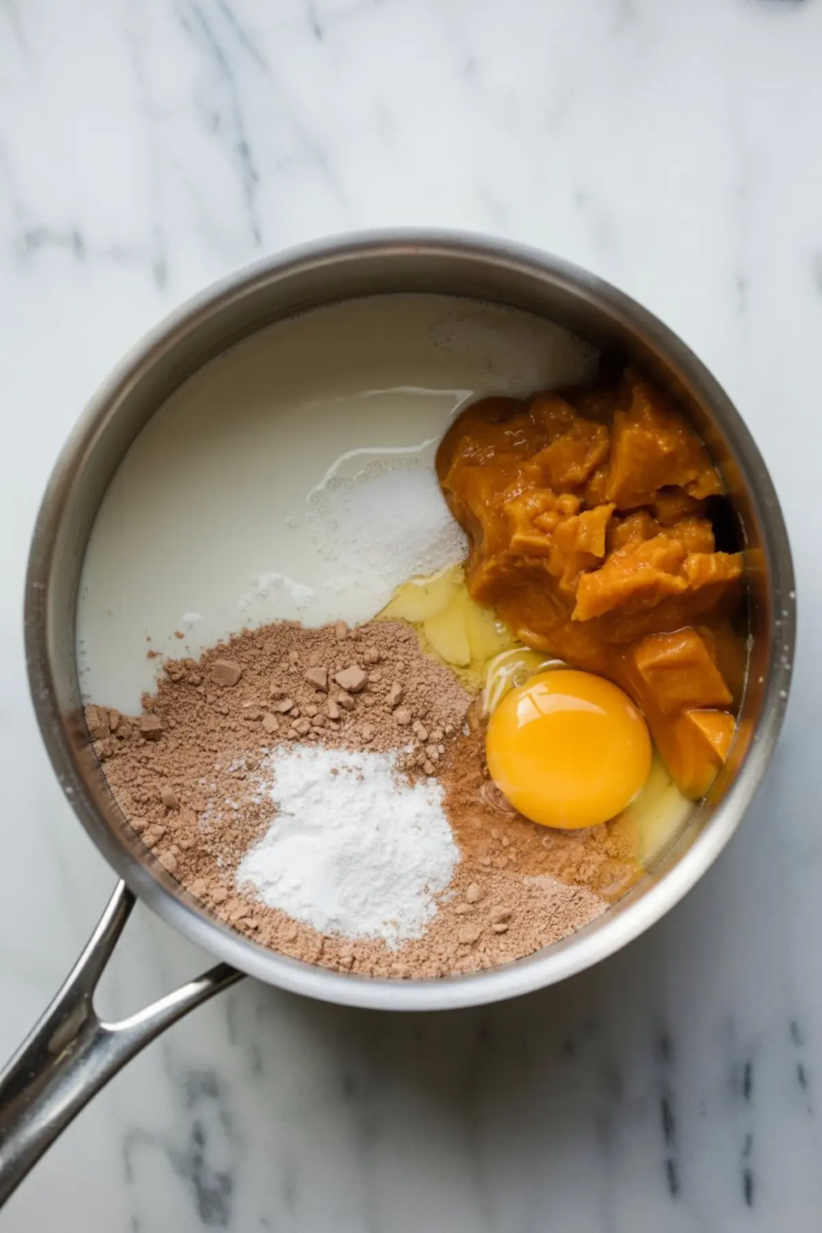 Unmixed pumpkin pudding ingredients in a saucepan including pumpkin puree, cocoa powder, milk, egg, sugar, and baking powder.