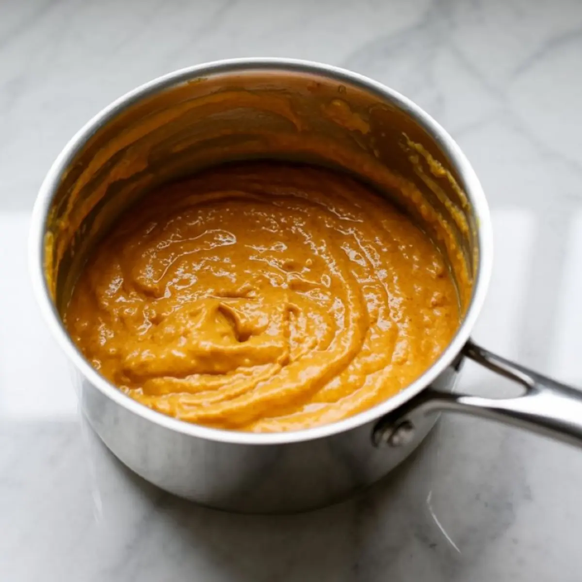 Creamy homemade pumpkin pudding mixture in a stainless steel saucepan on a marble countertop.