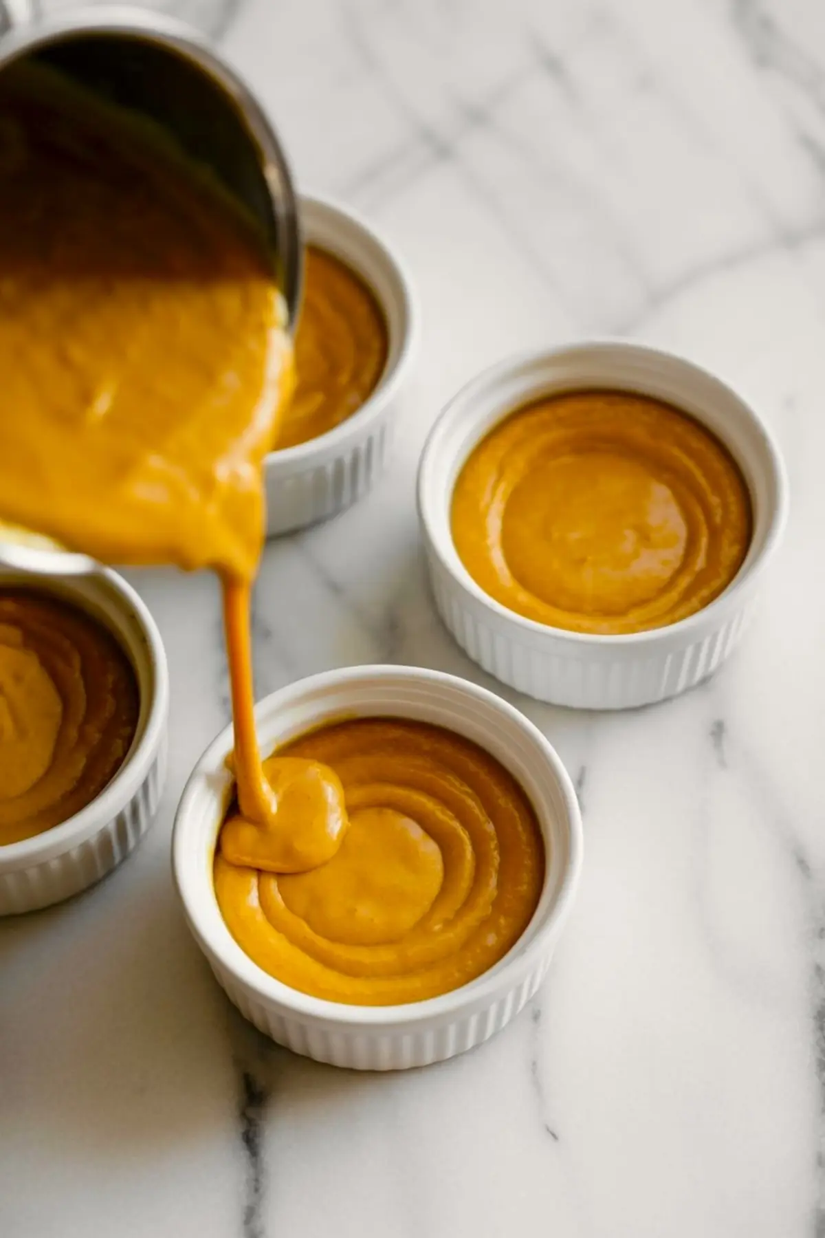 Pumpkin pudding batter being poured into white ramekins on a marble surface.
