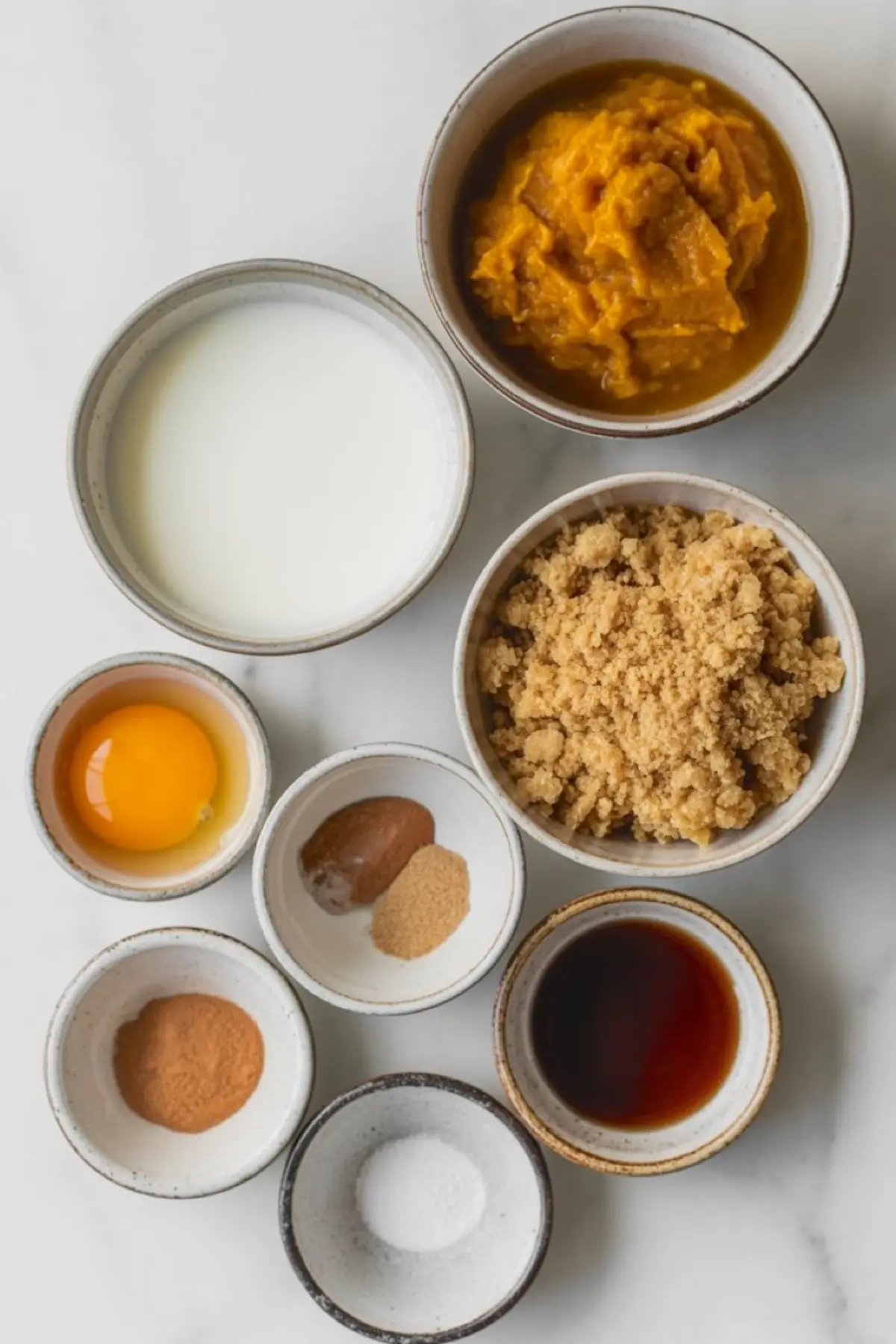 Flat lay of pumpkin pudding ingredients in small bowls including pumpkin puree, milk, egg, brown sugar, vanilla extract, cinnamon, nutmeg, ginger, and salt.