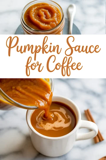 Split-image graphic featuring a jar of pumpkin coffee sauce and a pour shot of the sauce streaming into a cup of coffee, with cinnamon sticks and a marble background.