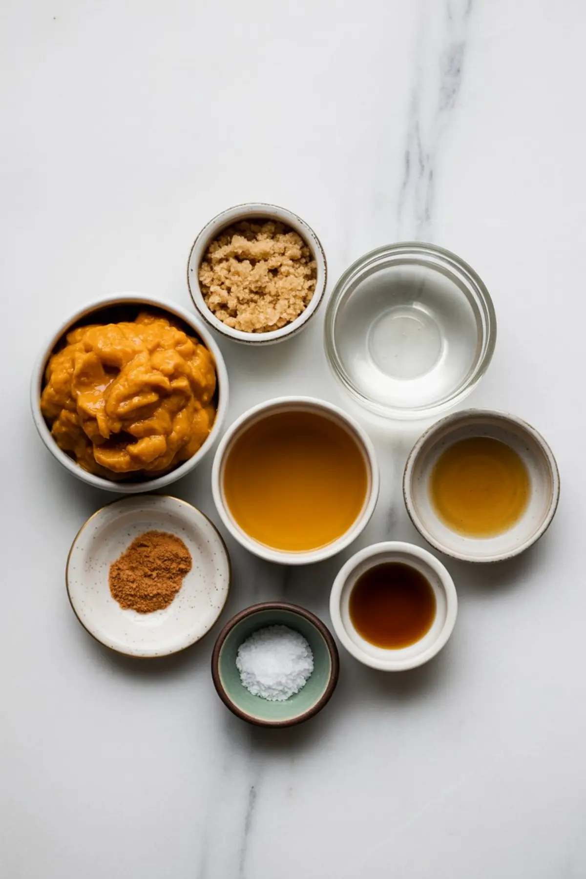 Flat lay of individual ingredients for pumpkin coffee sauce in small bowls, including pumpkin puree, brown sugar, maple syrup, vanilla extract, apple cider vinegar, spices, and salt on a white background.