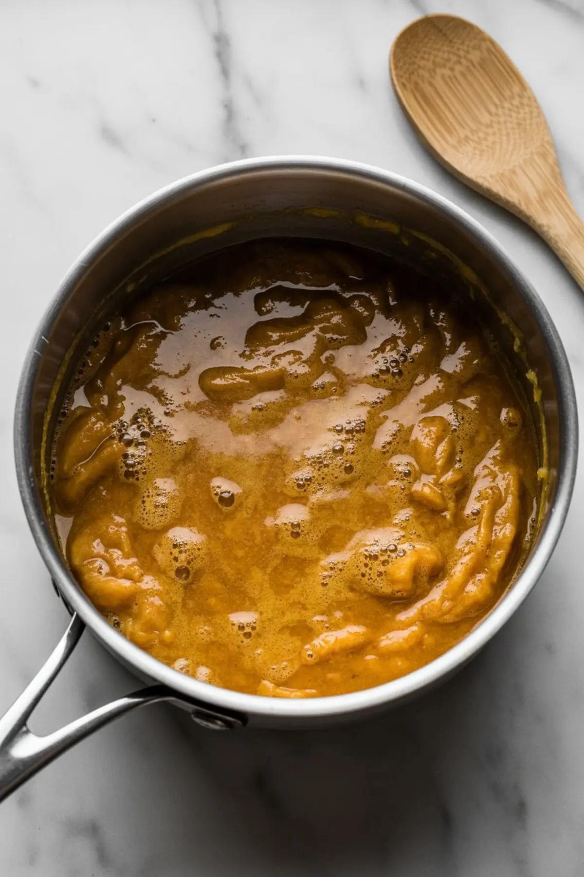 Close-up of pumpkin coffee sauce simmering in a saucepan, showing its thick, glossy texture as it cooks on a marble countertop with a wooden spoon nearby.