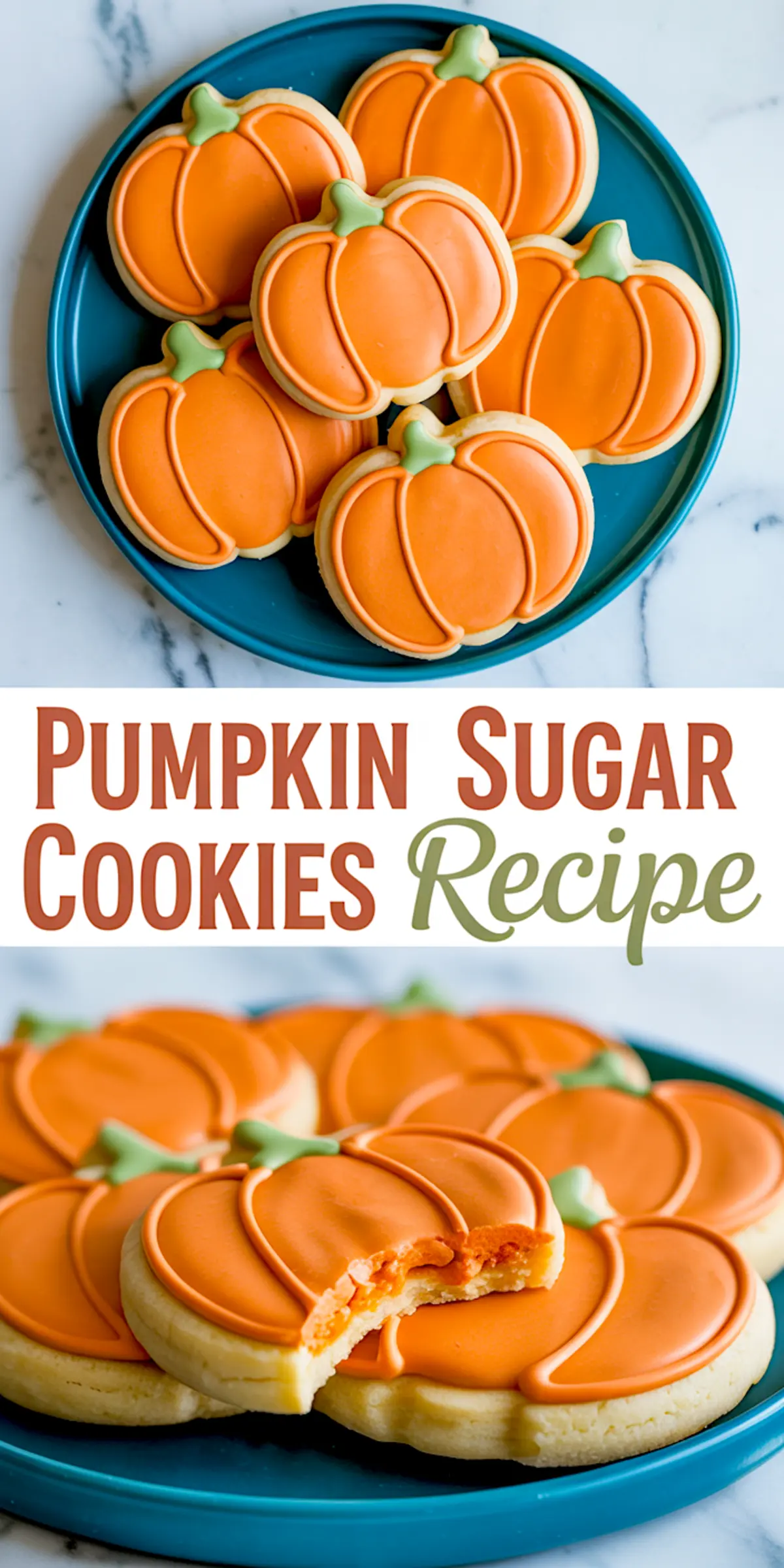 Collage image showing pumpkin sugar cookies on a teal plate, decorated with bright orange icing and green stems, with one cookie featuring a bite to show soft interior—fall-themed dessert presentation.