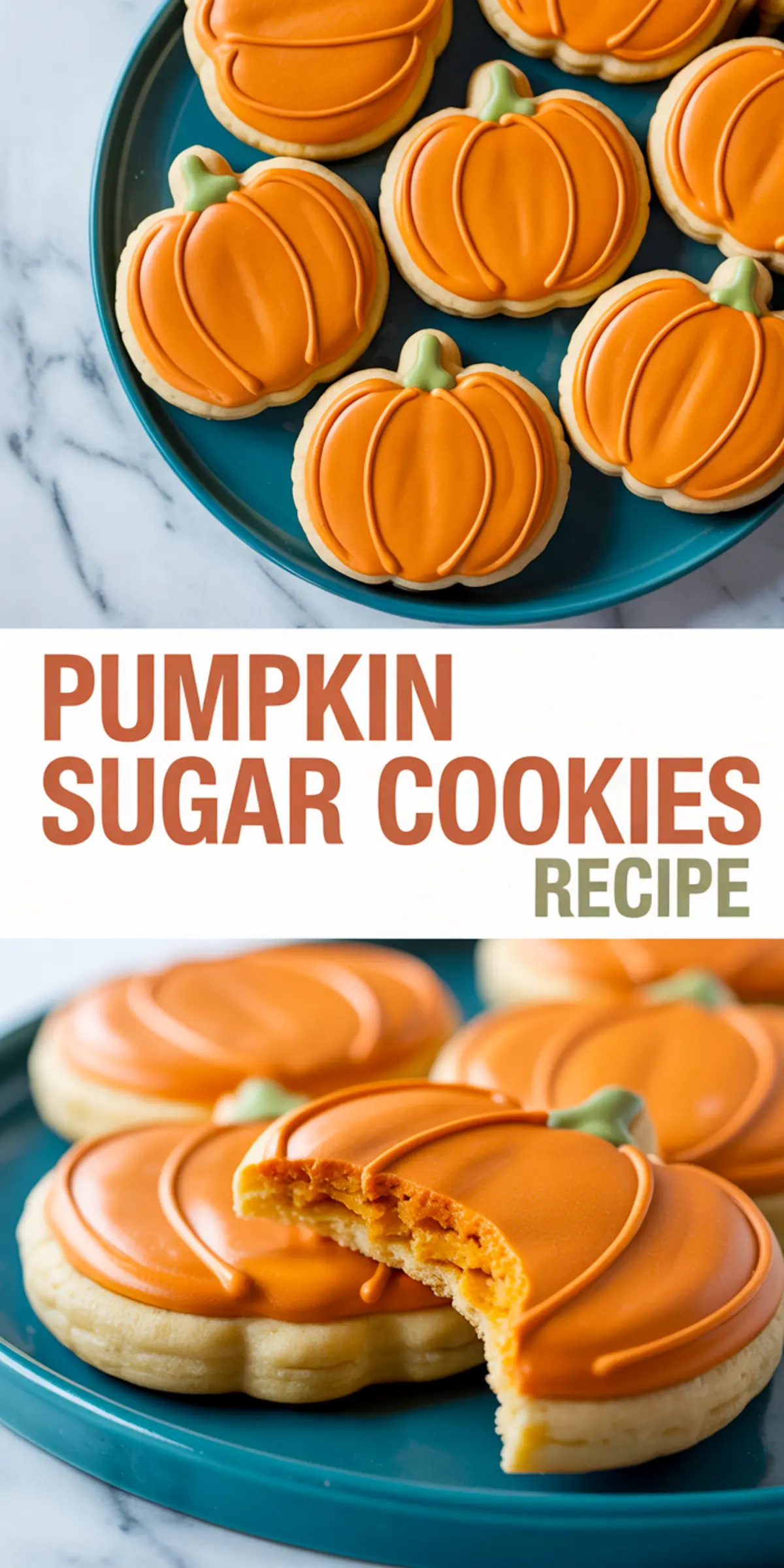 Collage of pumpkin-shaped sugar cookies on a teal plate, decorated with smooth orange icing and piped green stems, including a close-up bite to show texture—seasonal baking visual for autumn treats.