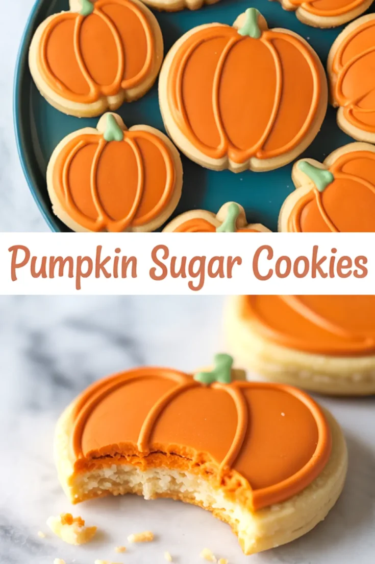 Collage featuring pumpkin sugar cookies decorated with vibrant orange royal icing and green tops on a teal plate, with a bitten cookie revealing soft sugar cookie center—festive dessert idea for fall baking.