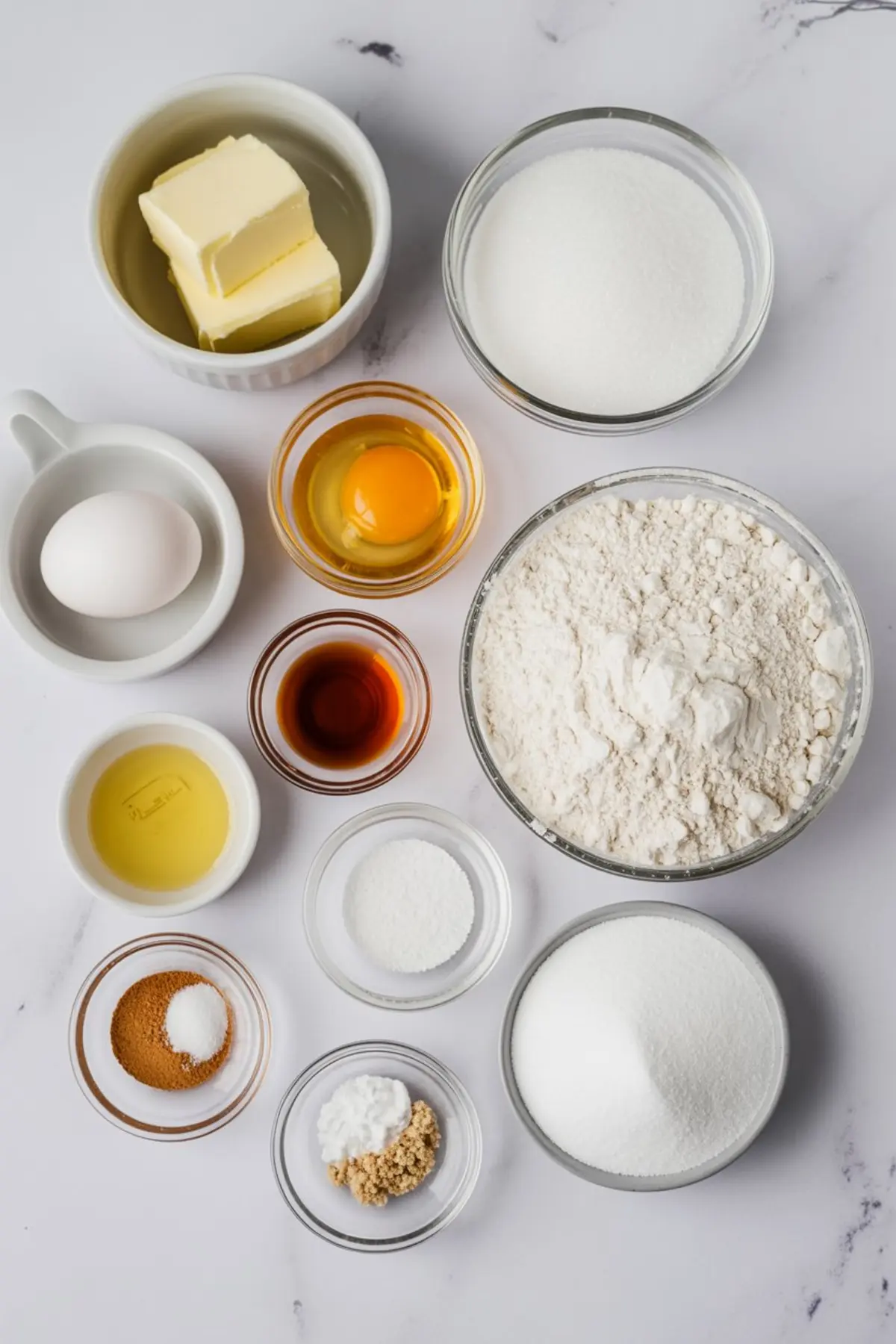 Flat lay of baking ingredients in glass and ceramic bowls, featuring flour, sugar, butter, egg, vanilla extract, baking soda, baking powder, salt, and spices—ingredients for sugar cookie dough.