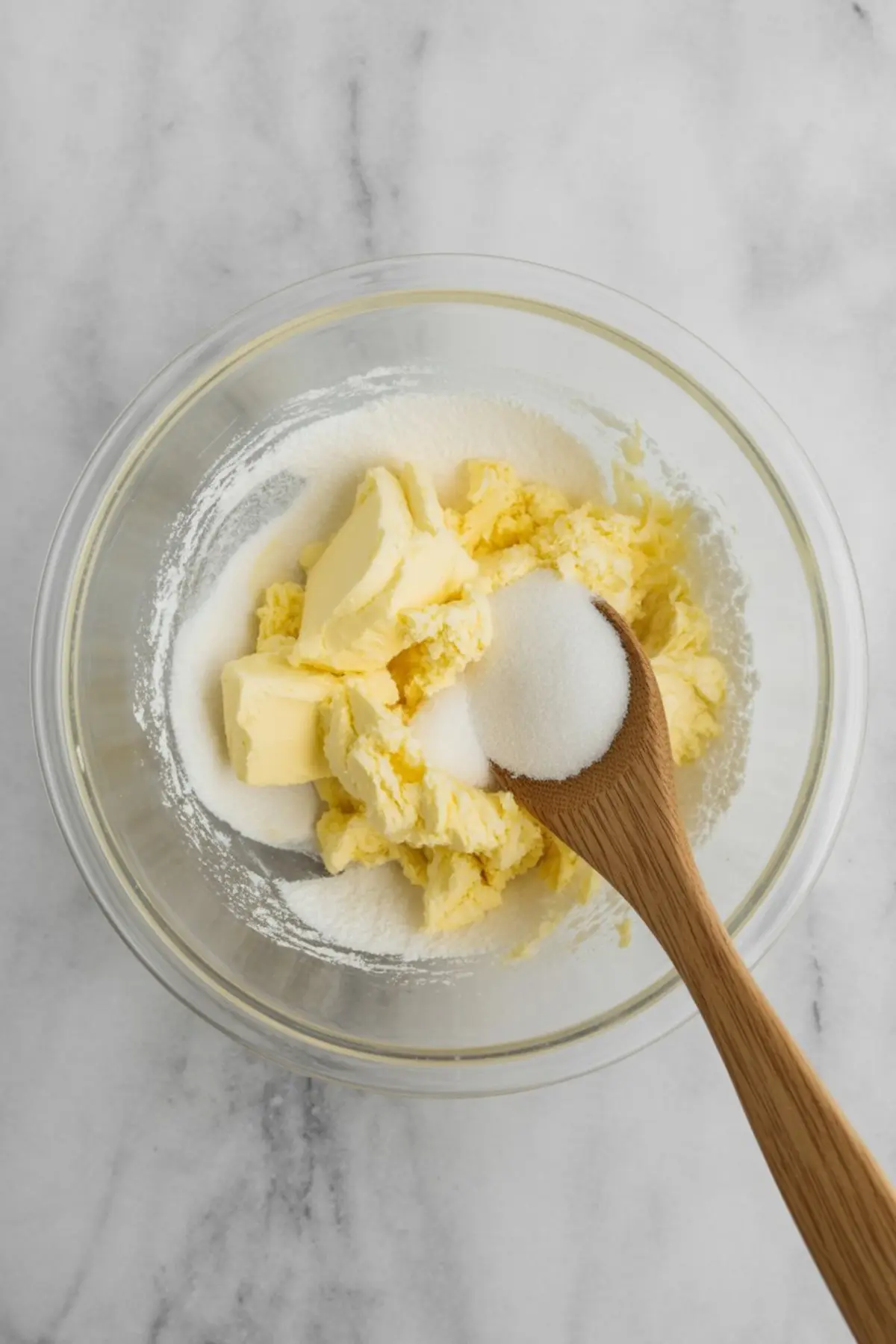 Mixing bowl with softened butter and sugar, with a wooden spoon scooping sugar—beginning stage of creaming butter and sugar for cookie dough.