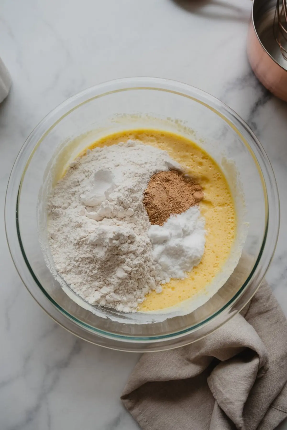 Overhead view of a mixing bowl with wet and dry ingredients, including flour, baking powder, baking soda, ground spices, and a yellow liquid batter on a marble surface—step in cookie dough preparation.
