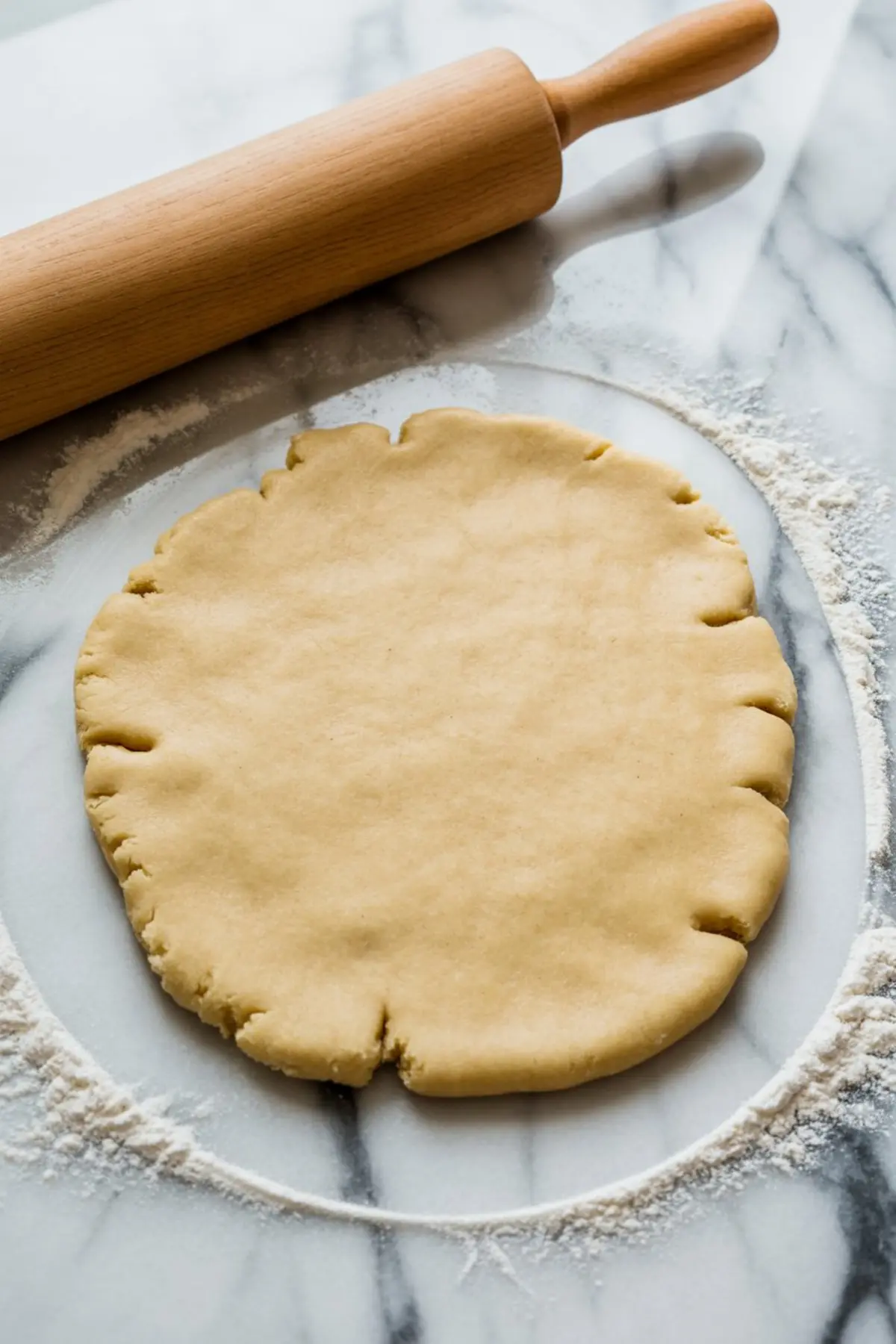Rolled out cookie dough circle on a floured marble surface with a rolling pin above—cookie dough ready for cutting shapes.