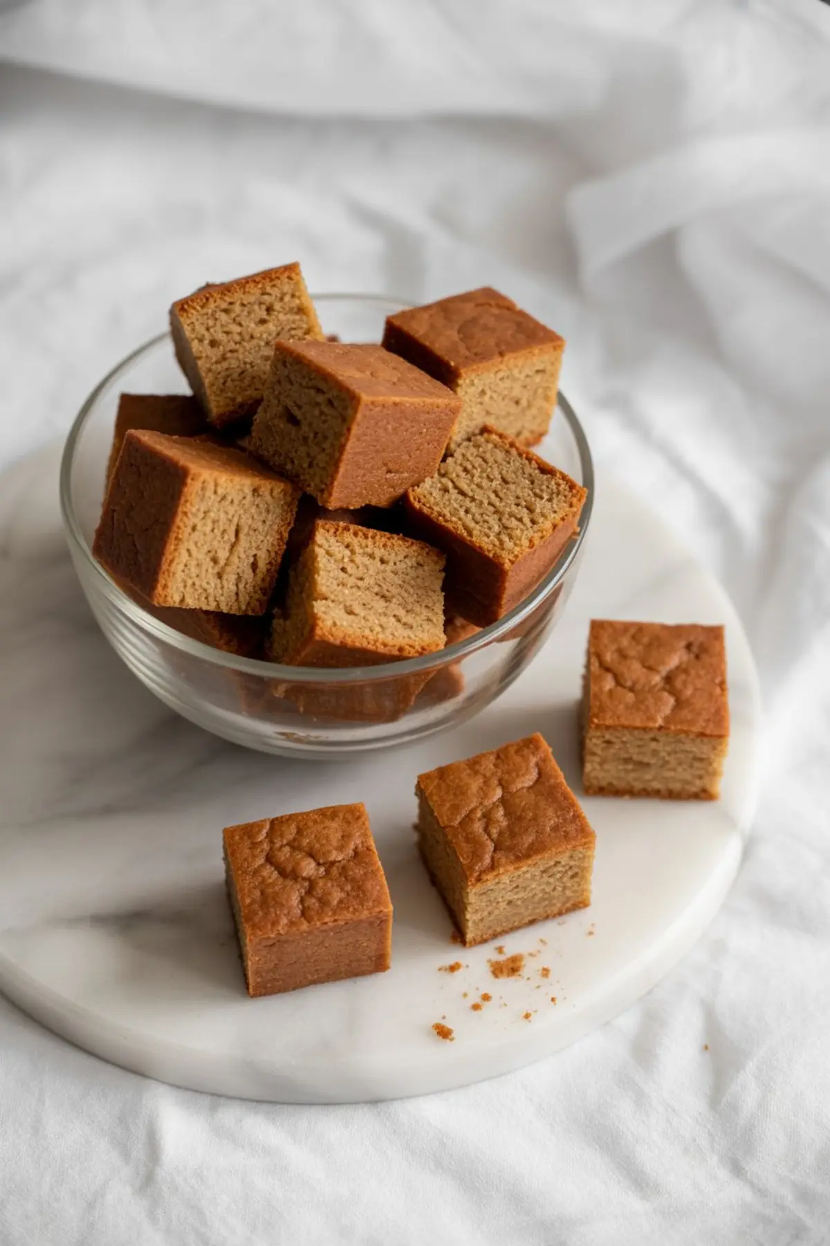 Clear bowl of cubed spice cake pieces on a white surface, with extra cake cubes scattered around, showing golden brown color and moist texture