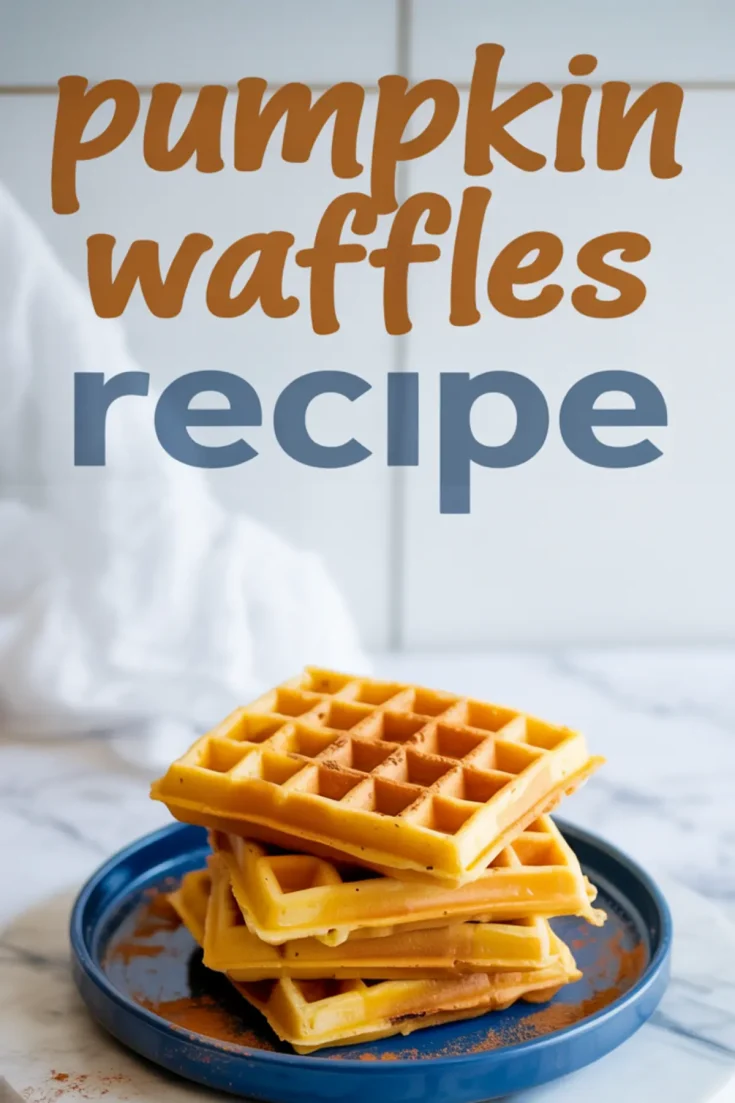 Stack of golden pumpkin waffles on a blue plate dusted with cinnamon powder, with text overlay reading “pumpkin waffles recipe” in bold orange and blue fonts.
