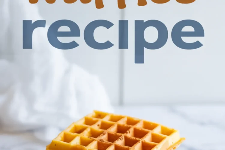 Stack of golden pumpkin waffles on a blue plate dusted with cinnamon powder, with text overlay reading “pumpkin waffles recipe” in bold orange and blue fonts.