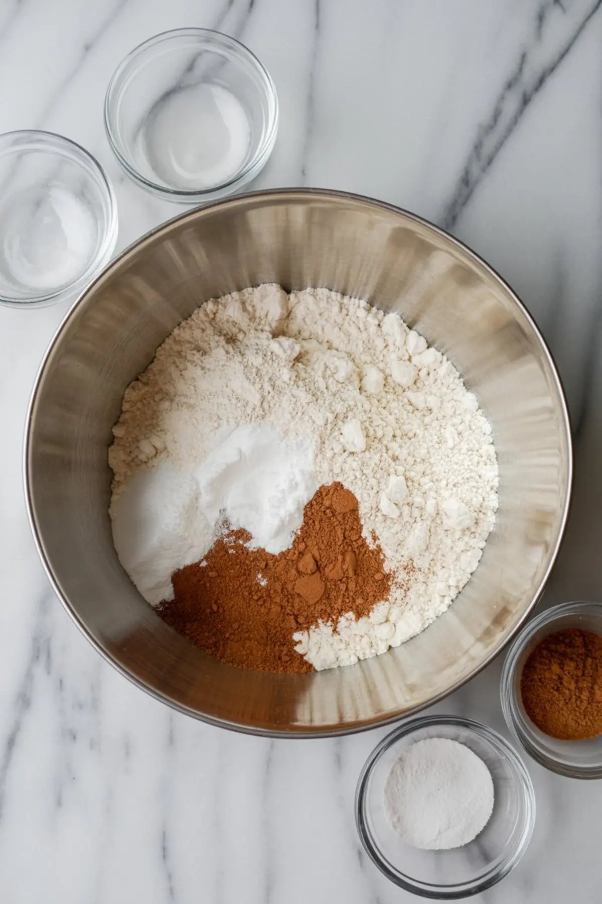 Dry ingredients for pumpkin waffles mixed in a stainless steel bowl, including all-purpose flour, baking powder, baking soda, salt, and ground cinnamon, surrounded by small bowls holding the same spices.