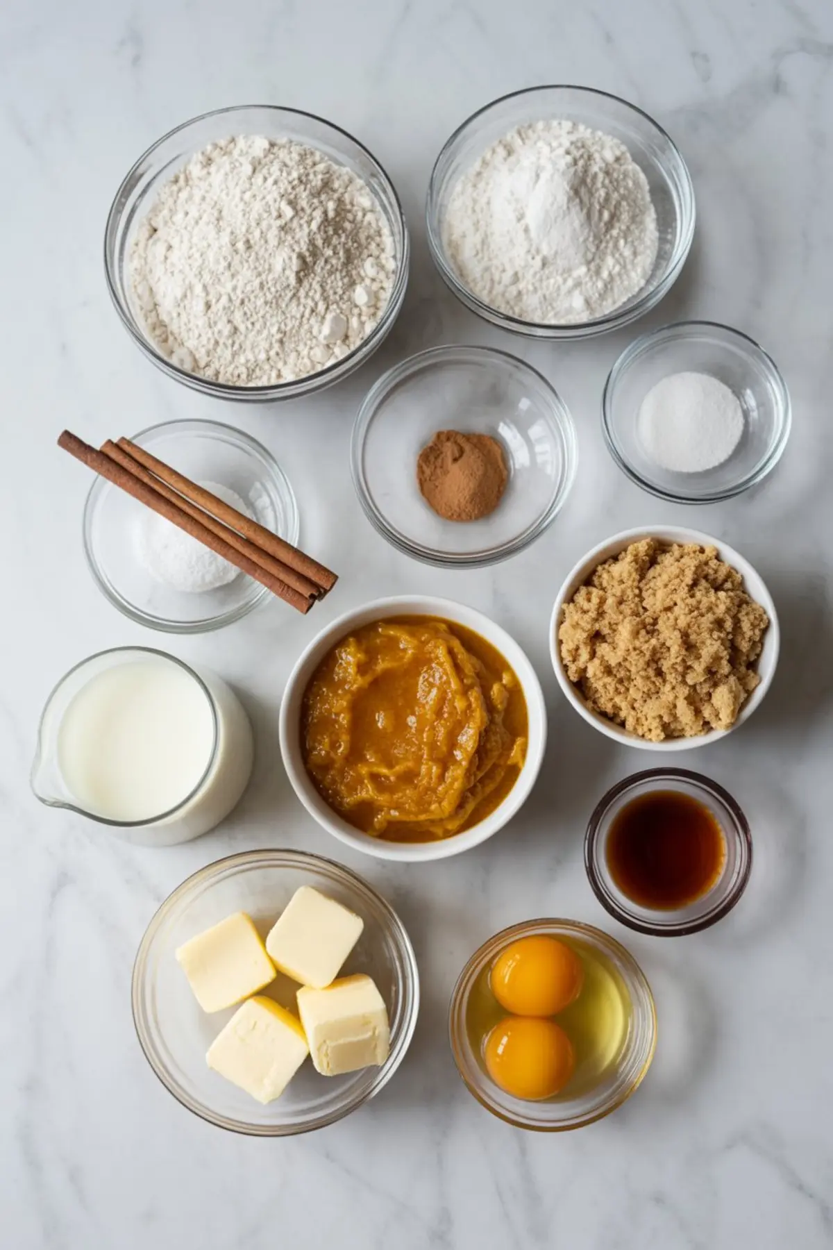 Flat lay of pumpkin waffle ingredients on a marble surface, featuring flour, brown sugar, granulated sugar, baking powder, baking soda, ground cinnamon, nutmeg, pumpkin puree, butter, eggs, vanilla extract, milk, and cinnamon sticks in clear glass bowls.