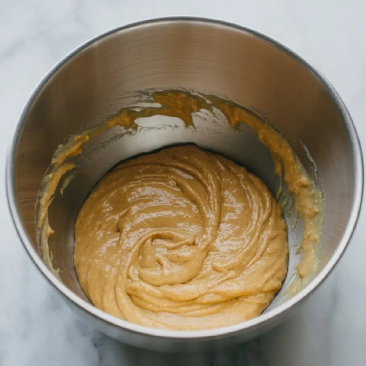 Thick pumpkin waffle batter swirled inside a stainless steel mixing bowl, resting on a marble countertop, showcasing the smooth and creamy consistency before cooking.