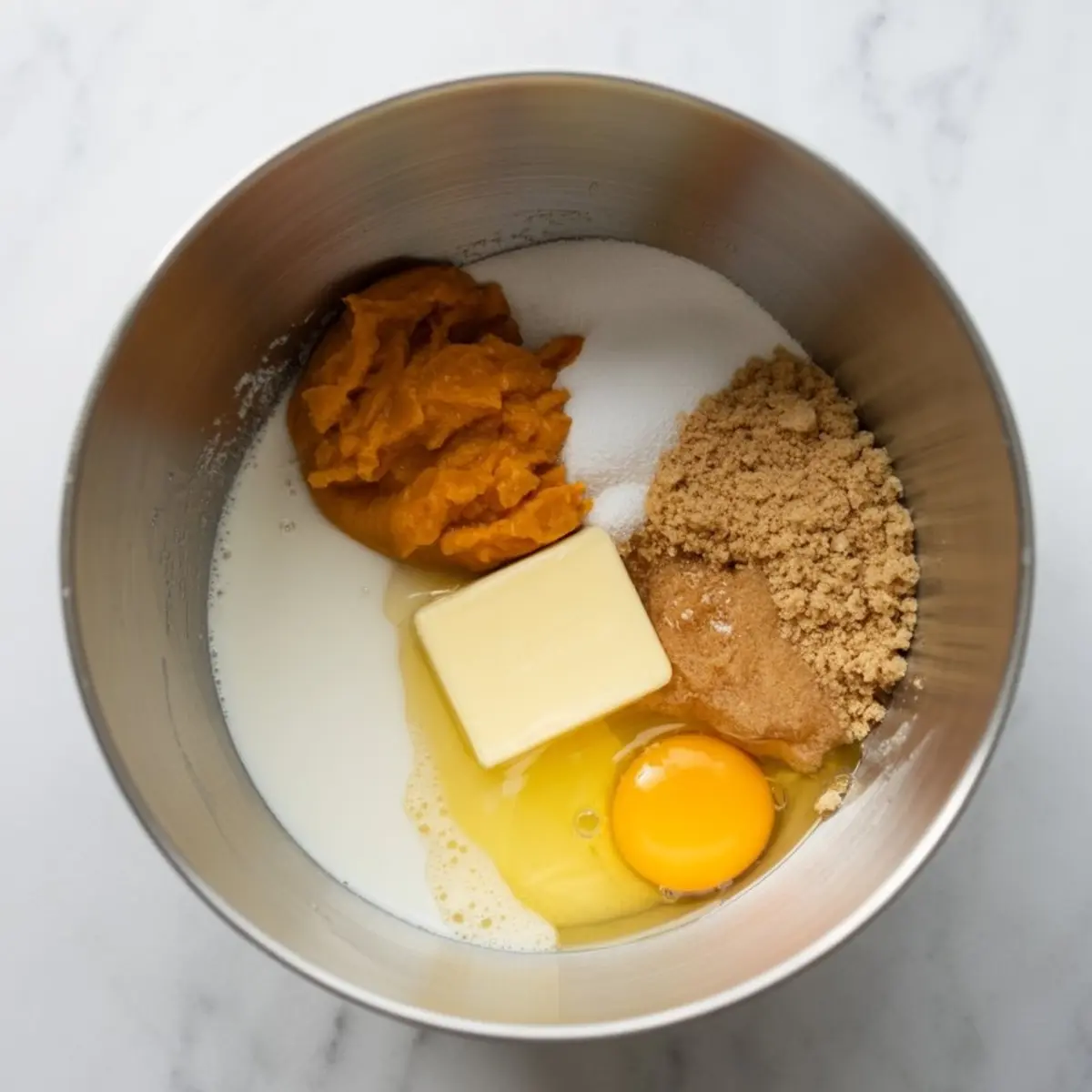 Top view of a stainless steel bowl filled with wet ingredients for pumpkin waffles, including pumpkin puree, melted butter, eggs, milk, brown sugar, granulated sugar, and vanilla extract.