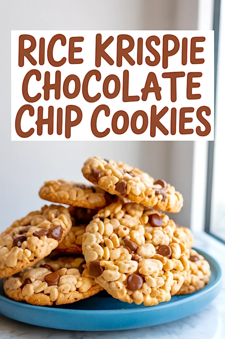 Close-up of Rice Krispie chocolate chip cookies stacked on a blue plate near a window, showcasing golden crispy texture and melted chocolate chips with bold text overlay.