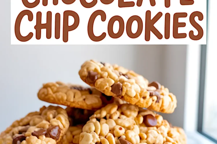Close-up of Rice Krispie chocolate chip cookies stacked on a blue plate near a window, showcasing golden crispy texture and melted chocolate chips with bold text overlay.