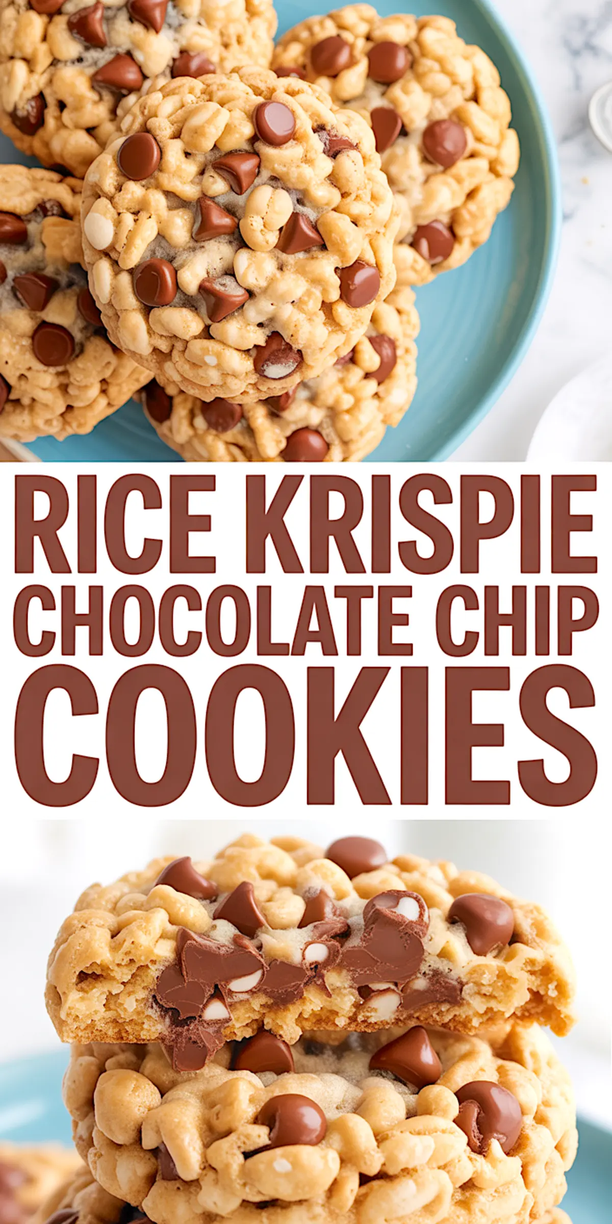 Collage showing a top view of Rice Krispie chocolate chip cookies on a blue plate and a close-up of a bitten cookie revealing gooey melted chocolate chips, with bold title text between.
