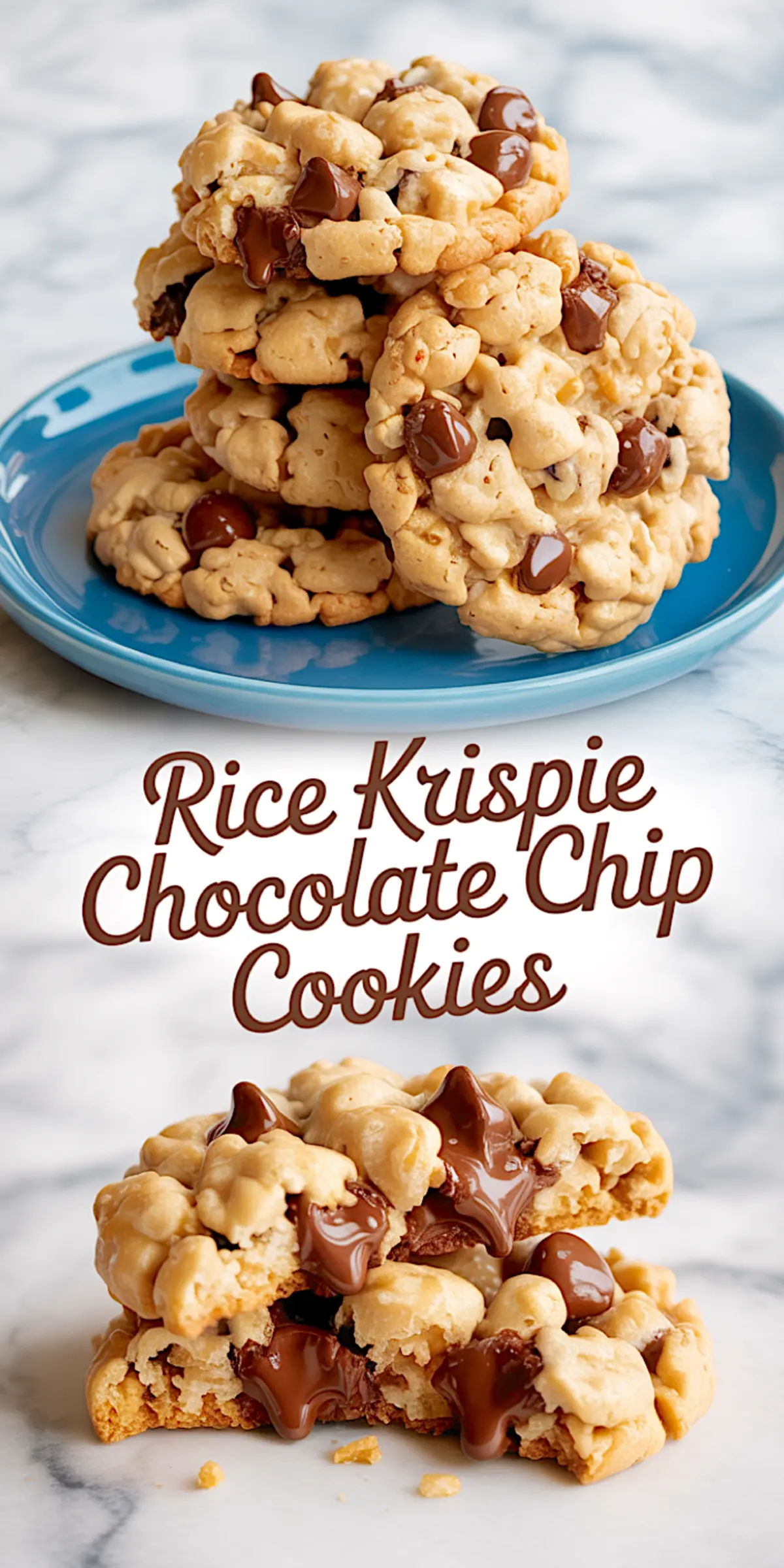 Collage featuring a tall stack of Rice Krispie chocolate chip cookies and a close-up of a split cookie with melted chocolate chips oozing from the center, framed with script text on a marble background.
