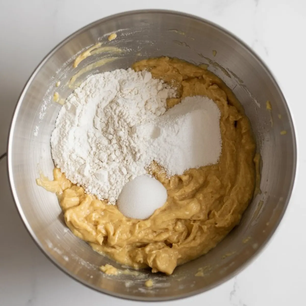 Overhead shot of a mixing bowl with a partially mixed batter, showing added flour and sugar on top before final blending.
