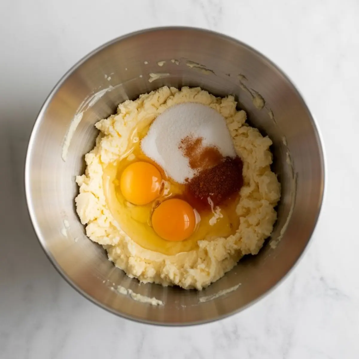 Overhead view of a mixing bowl filled with softened butter, granulated sugar, brown sugar, two raw eggs, and vanilla extract on a white marble countertop.
