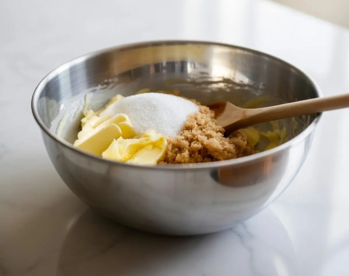 Side view of a metal mixing bowl holding butter, white sugar, and brown sugar with a wooden spoon resting inside, placed on a white marble surface.
