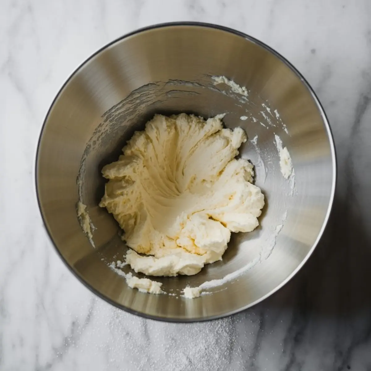Mixing bowl with whipped butter and sugar creamed together for salted caramel cake frosting.