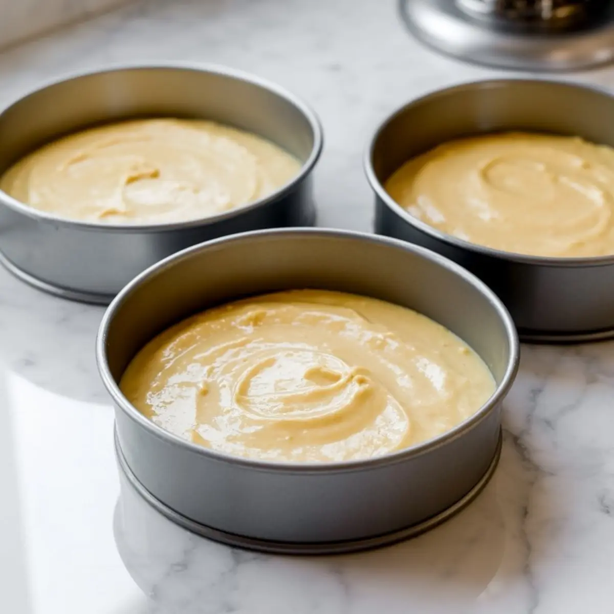 Three round cake pans filled with smooth yellow cake batter ready for baking on a marble surface.