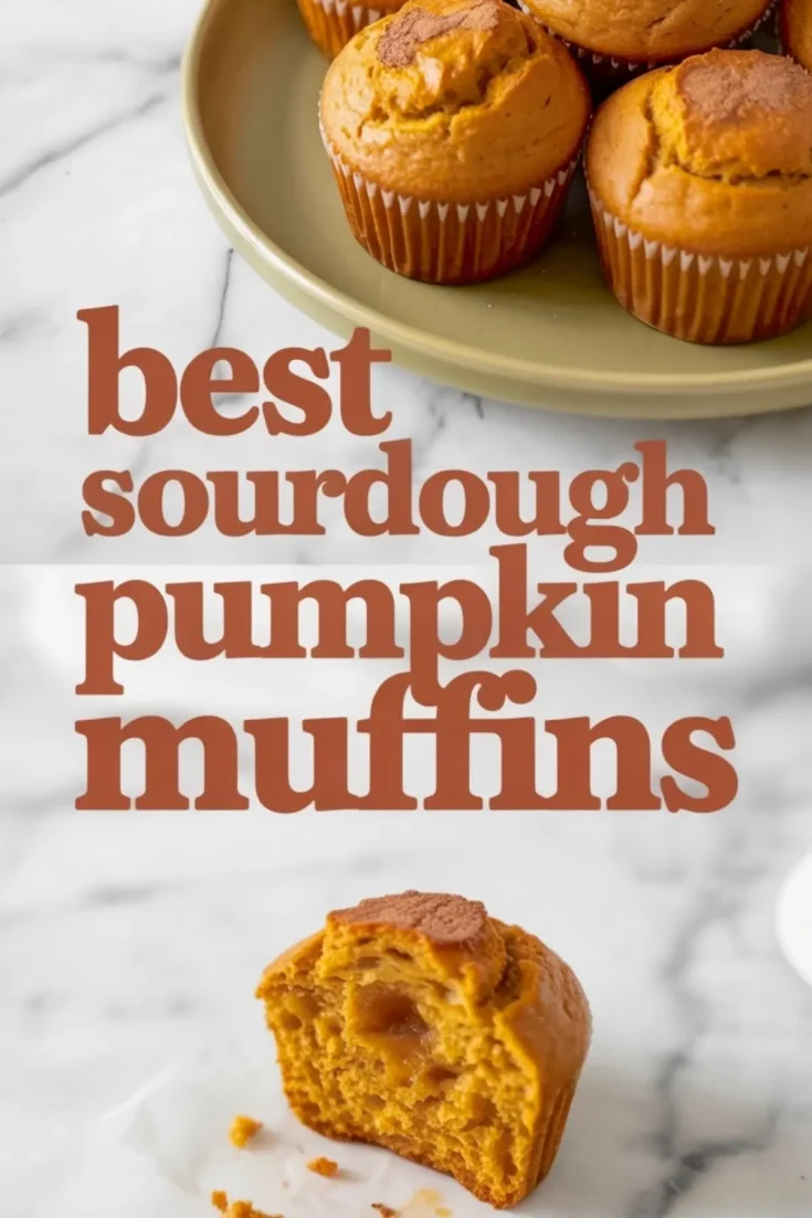 Overhead view of baked sourdough pumpkin muffins on a plate with one muffin sliced to show moist texture