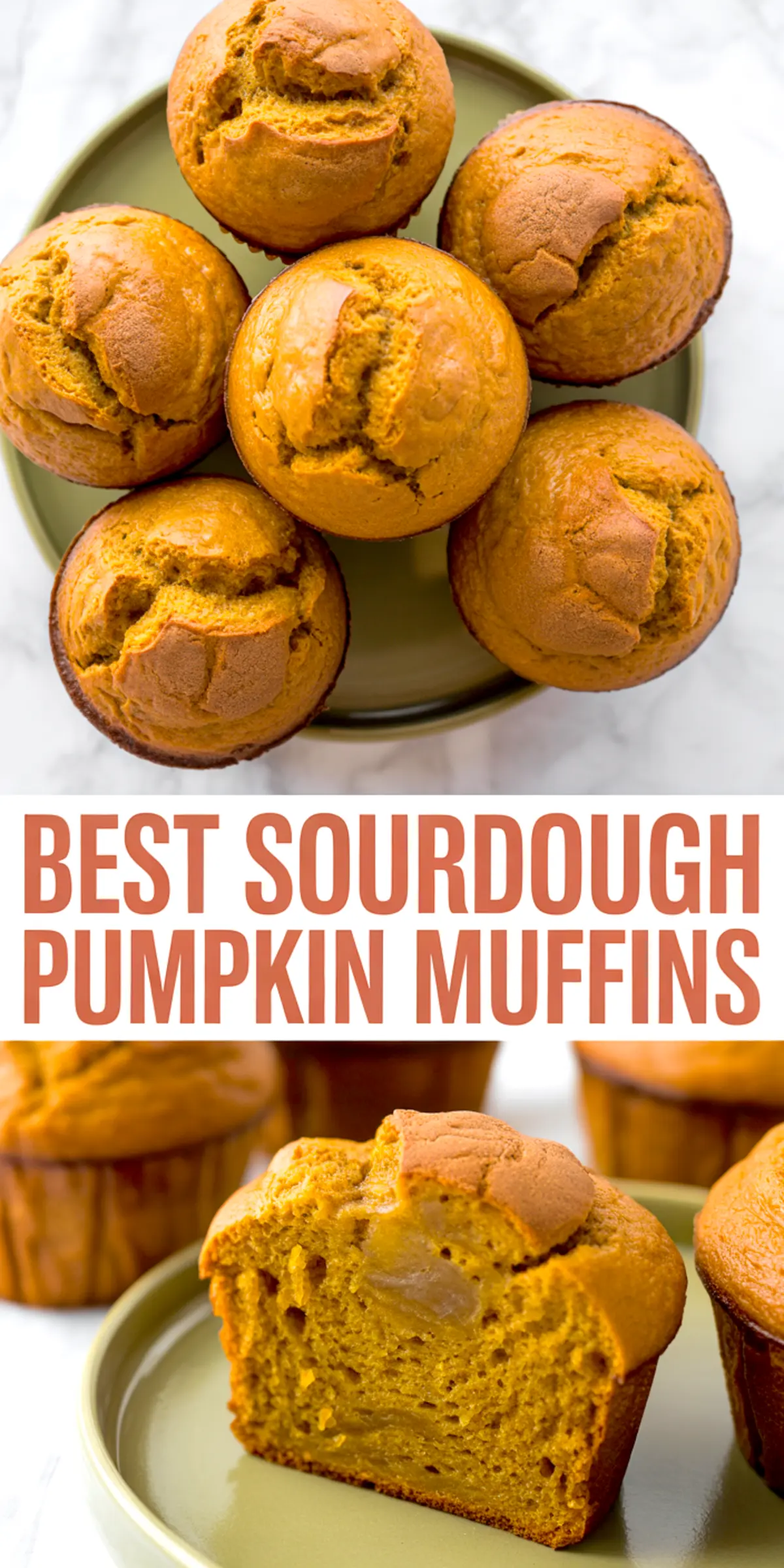 Fluffy sourdough pumpkin muffins on a green plate with text overlay saying best sourdough pumpkin muffins