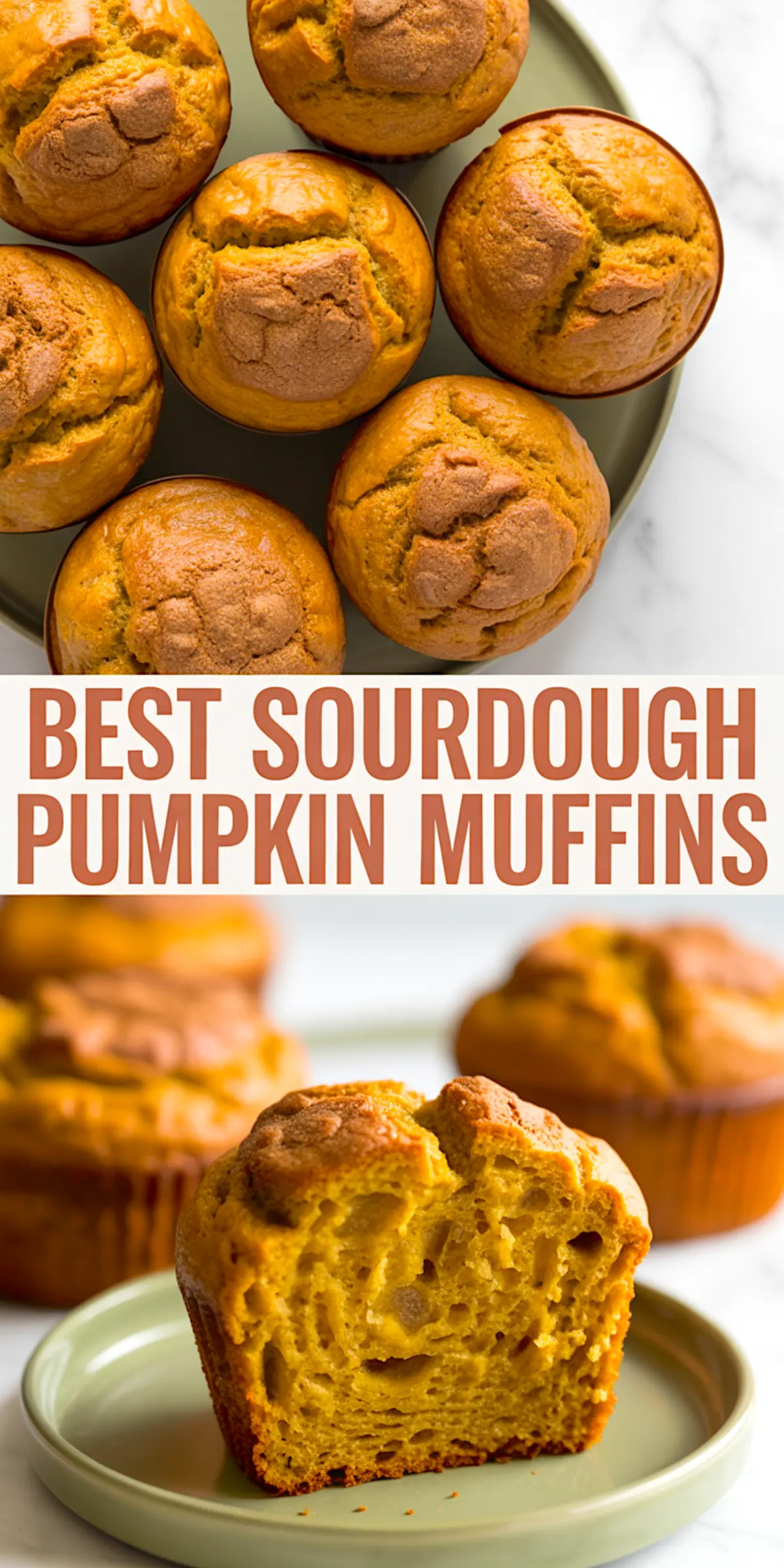 Stacked golden sourdough pumpkin muffins with cracked tops, served on a plate, showing soft inside texture