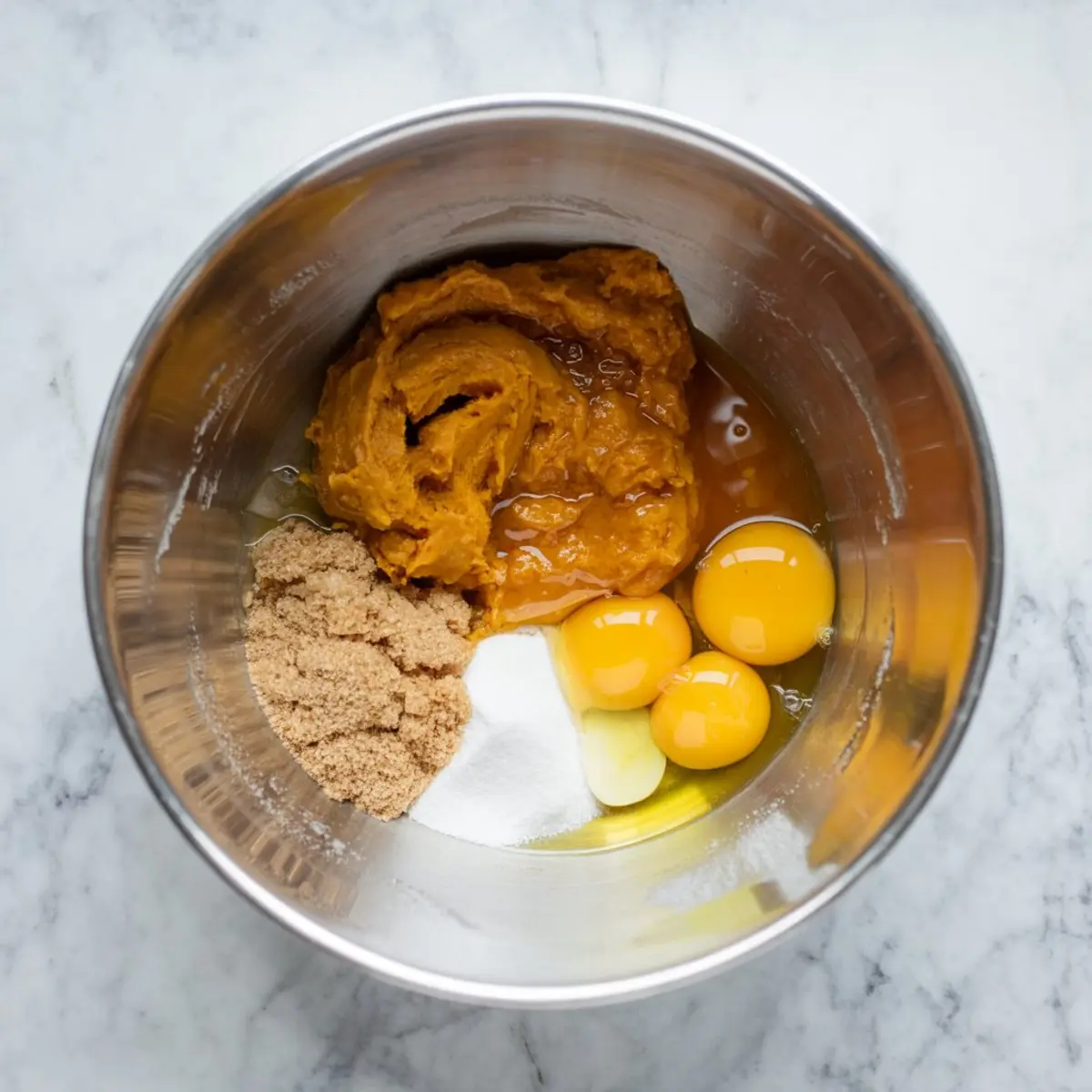 Mixing bowl with pumpkin puree, brown sugar, white sugar, eggs, and oil for sourdough pumpkin muffins on a marble surface