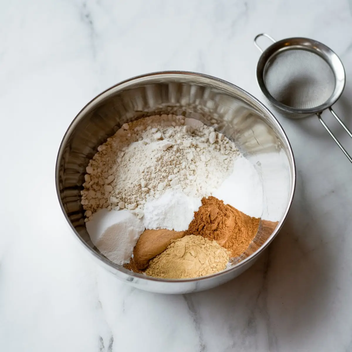 Dry ingredients including flour, baking soda, spices like cinnamon and ginger in a bowl for making pumpkin sourdough muffins