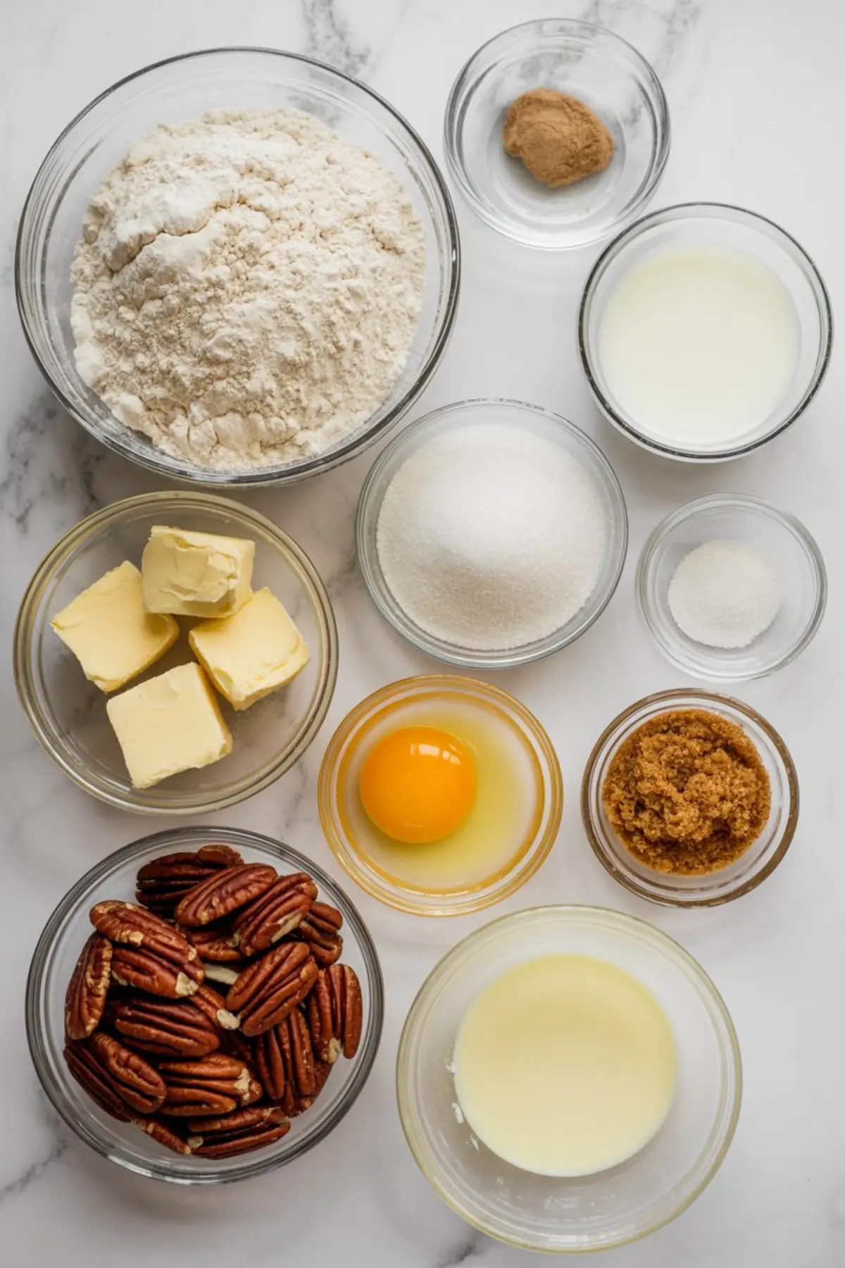 Overhead view of baking ingredients in glass bowls on a marble surface, including flour, butter, sugar, brown sugar, egg, milk, pecans, cinnamon, and vanilla extract.