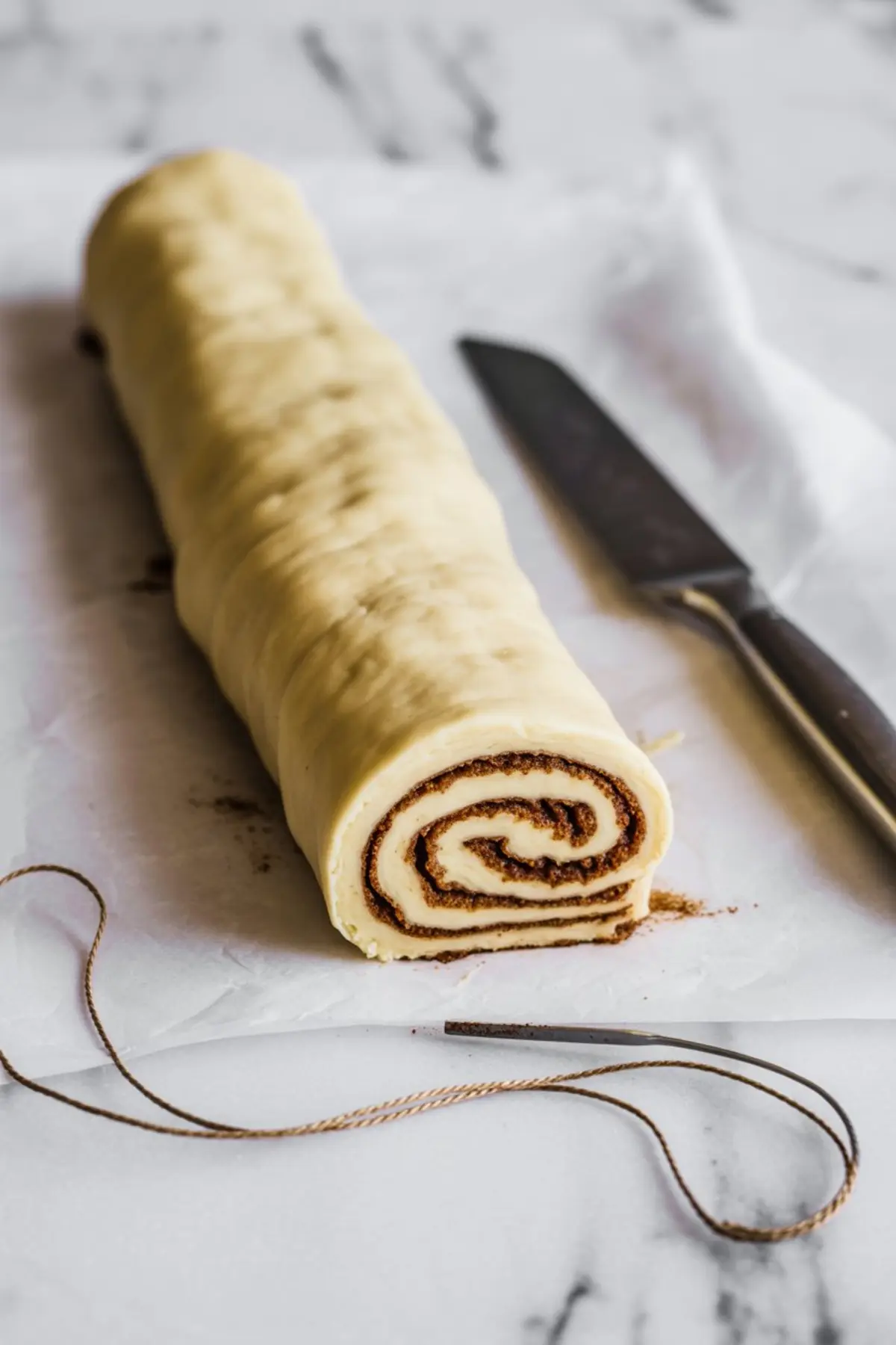 Rolled dough log with cinnamon swirl filling on parchment paper, placed beside a knife and kitchen twine.