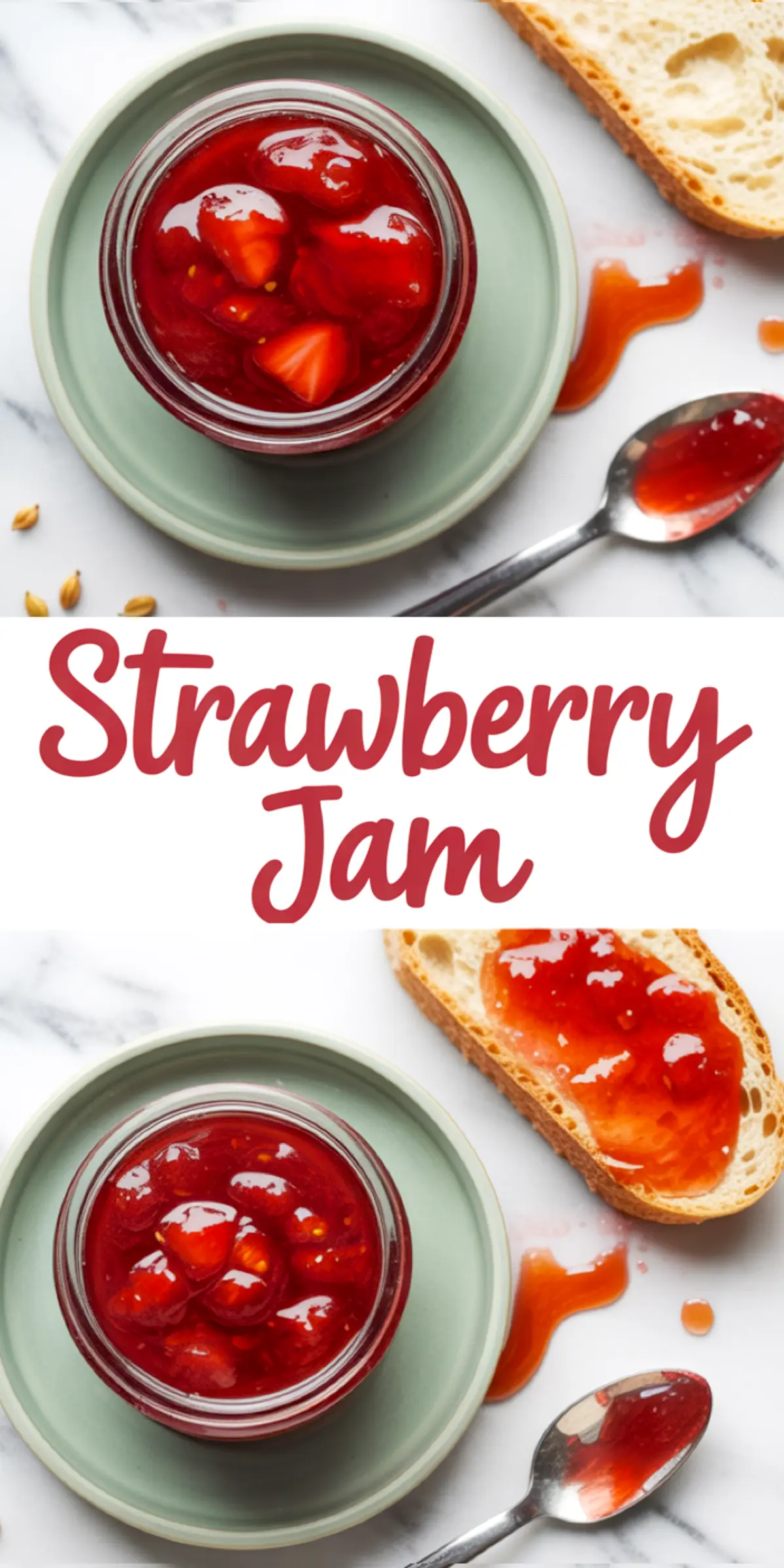 Vertical collage showing a jar of chunky strawberry jam on a plate, slices of bread with jam, and a spoon with dripping preserves, overlaid with “Strawberry Jam” text.