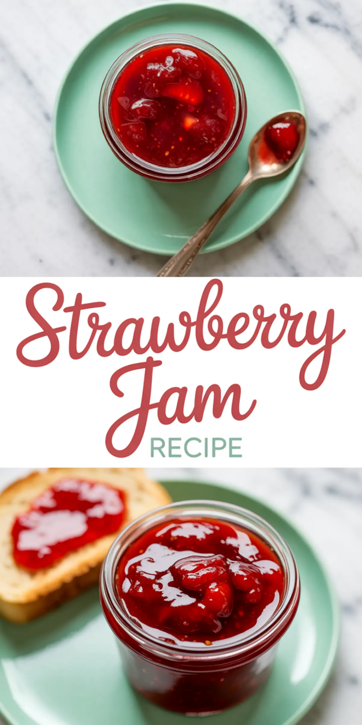 Collage of homemade strawberry jam in a glass jar and on toast, set on a mint-green plate with a vintage spoon and the words “Strawberry Jam Recipe” in bold text.